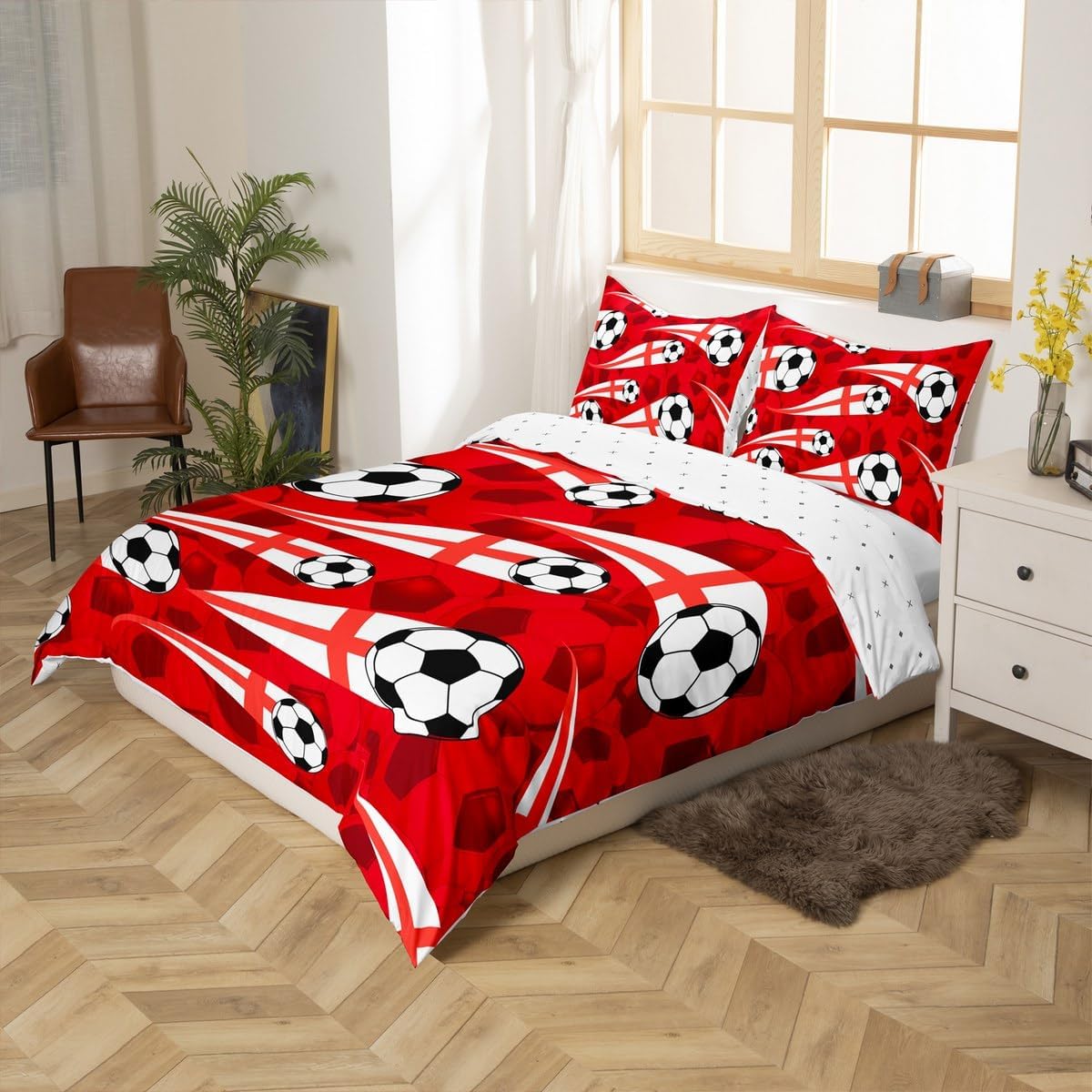 jejeloiu Kids Red Football Bedding Set Toddler Size, Rugby Sports Comforter Cover Soccer Ball Game Duvet Cover Boys Girls Teens Bedroom Decor Soft Quilt Cover 2Pcs (No Comforter)