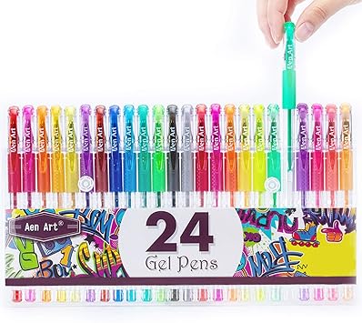 Aen Art Glitter Gel Pens Colored Fine Tip Markers with 40% More Ink for Adult Coloring Books, Drawing and Doodling 24 Colors