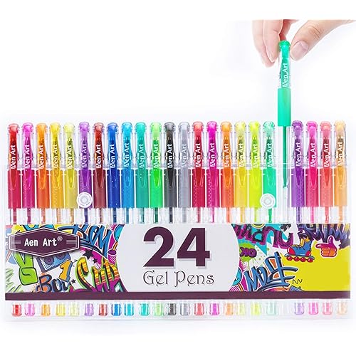 Aen Art Glitter Gel Pens Colored Fine Tip Markers with 40% More Ink for Adult Coloring Books, Drawing and Doodling (24 Colors)