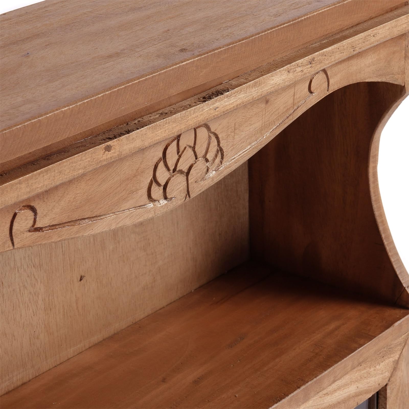 DESIGN DELIGHTS Naturalna szafka ścienna Ribera | drewno mahoniowe, szklane drzwi, 73 cm, z rzeźbami | szafka wisząca, regał kuchenny z haczykami, szafka drewniana, regał ścienny z grawerunkiem