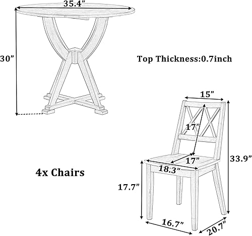 Miniatura 4 de Juego de mesa de comedor de 5 piezas, mesa redonda de madera con patas de caballete y 4 sillas de comedor con respaldo cruzado, adecuado para