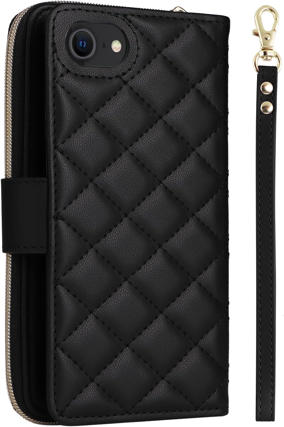 Asuwish Phone Case for iPhone 6 6s Wallet Cover with Tempered Glass Screen Protector Strap Card Holder Leather Flip Cell Zipper iPhone6 Six i6 S iPhone6s i Phone6s Phone6 6a S6 6SE Women Girls Black