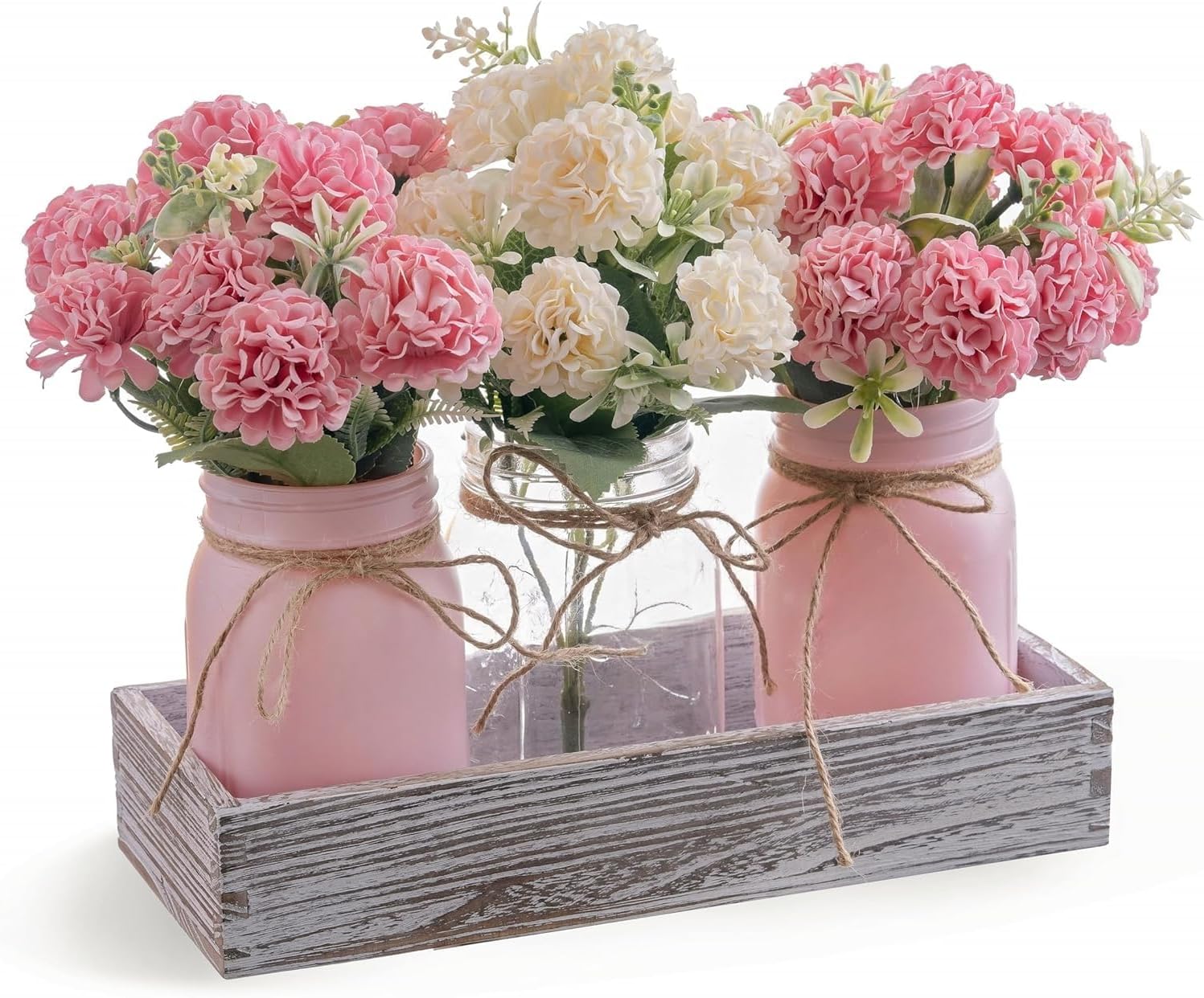 LUEUR 3PCS Artificial Hydrangea Flowers in Mason Jars with Wood Tray for Dining Table Coffee Table Farmhouse Home Decor Centerpieces Spring Decor Perfect for Kitchen, Living Room, Bathroom