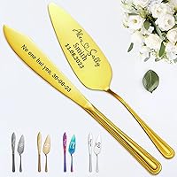 Vista 12 de STREADVE Juego de cuchillos y servidores grabados para tartas de boda, utensilios de corte personalizados para novia, novio, cortador personalizado