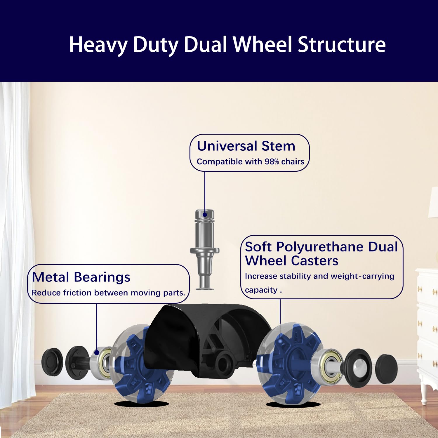 Hirate Office Chair Caster Wheels Heavy Duty(Set of 5), 3” Dual Ball Roller Furniture Chair Casters Replacement Mute Rolling for Hardwood Floors & Carpet Universal Fit 7/16" x 7/8", Blue