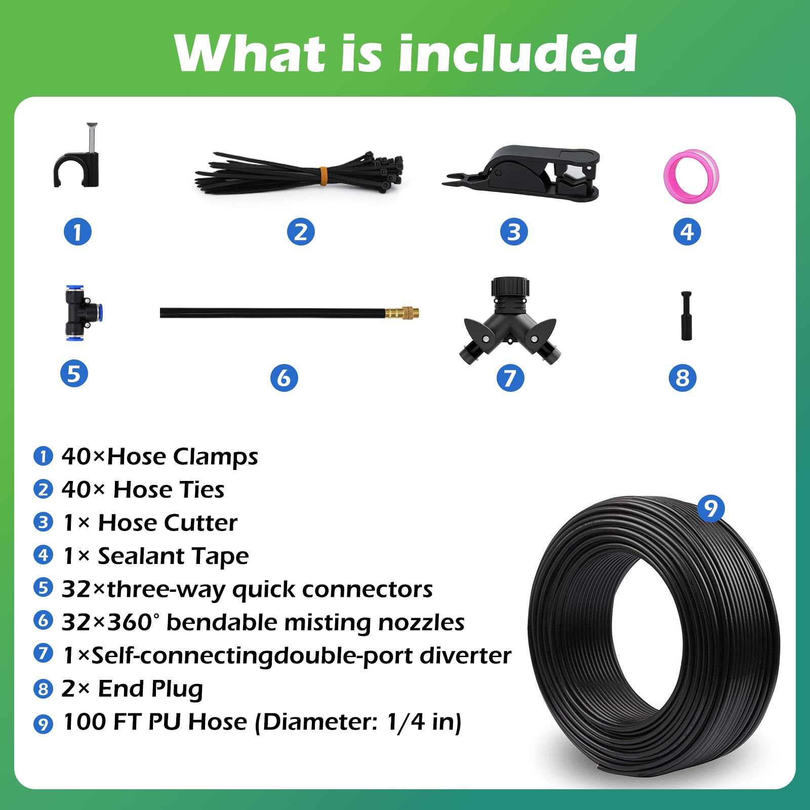 Sistema di irrigazione a goccia da 30 m con 32 ugelli, regolabile a 360°, sistema di irrigazione da giardino pieghevole per serre, cortile, prato, piante, giardino, tubo da 1/4"