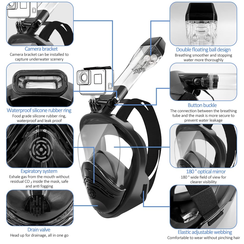 Maschera integrale da snorkeling a 180°, design a doppia sfera galleggiante, anti-perdite, sistema di respirazione anti-appannamento, maschera professionale per snorkeling