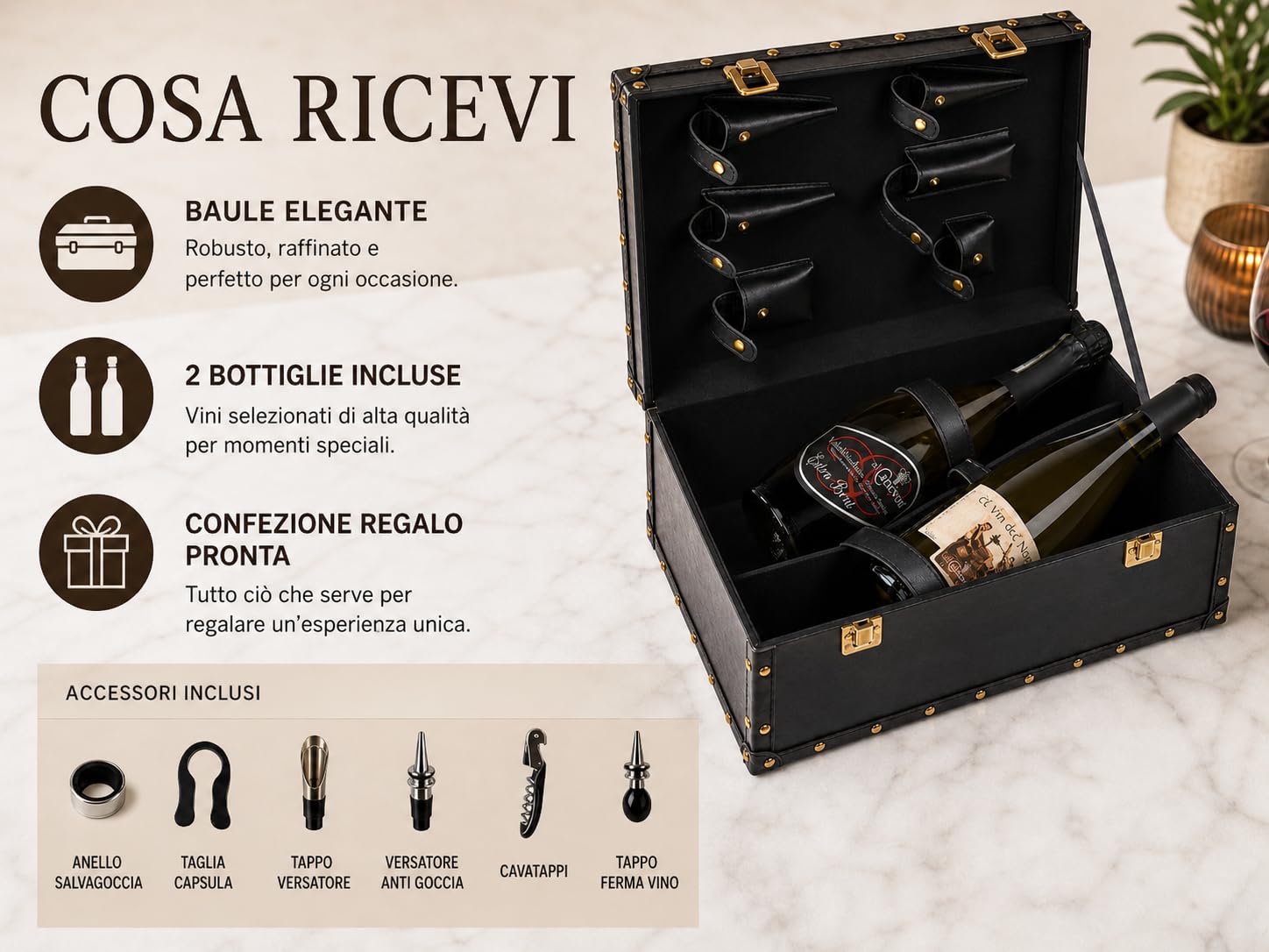 Set Degustazione Vino Regalo con Baule Rigido in Pelle e Accessori – Prosecco Extra Brut DOCG & El Vin del Nono – Confezione Elegante Riutilizzabile – Al Canevon