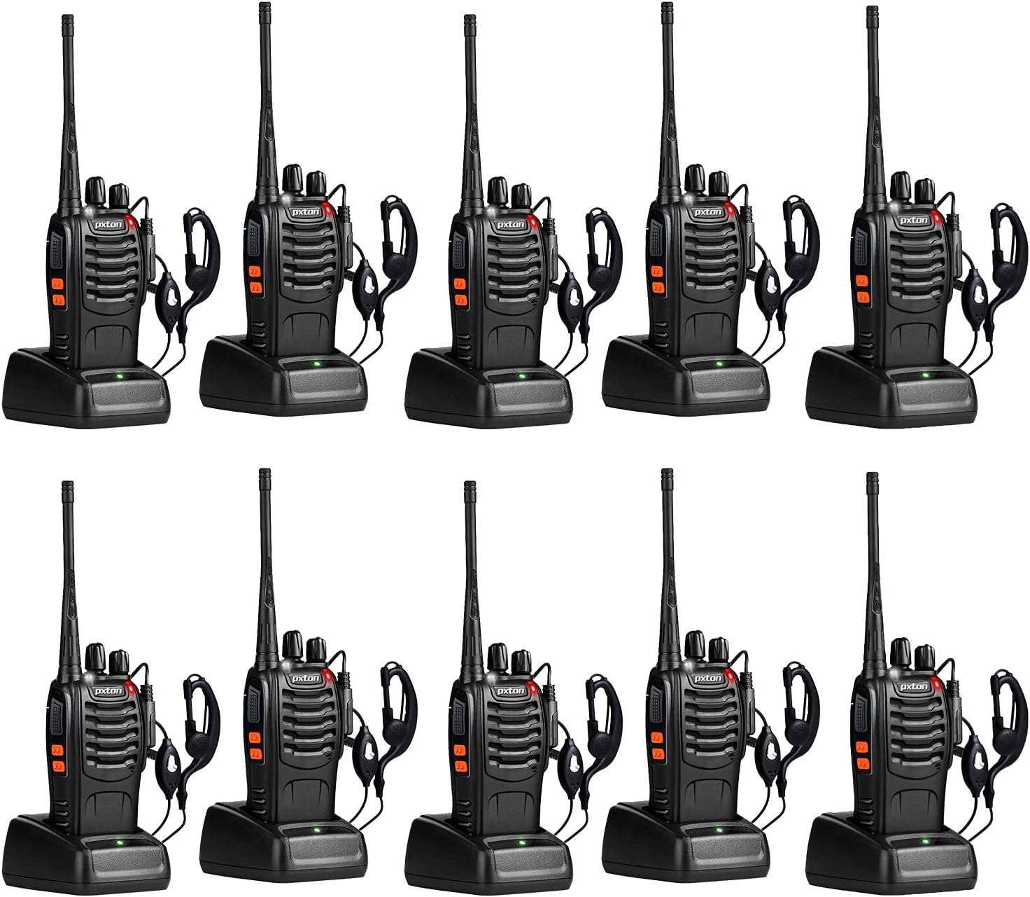 pxton Walkie Talkies for Adults Two Way Radios Long Range with Headphones,16 Channel Handheld 2 Way Radio Rechargeable with Flashlight Li-ion Battery and Charger（10 Pack）