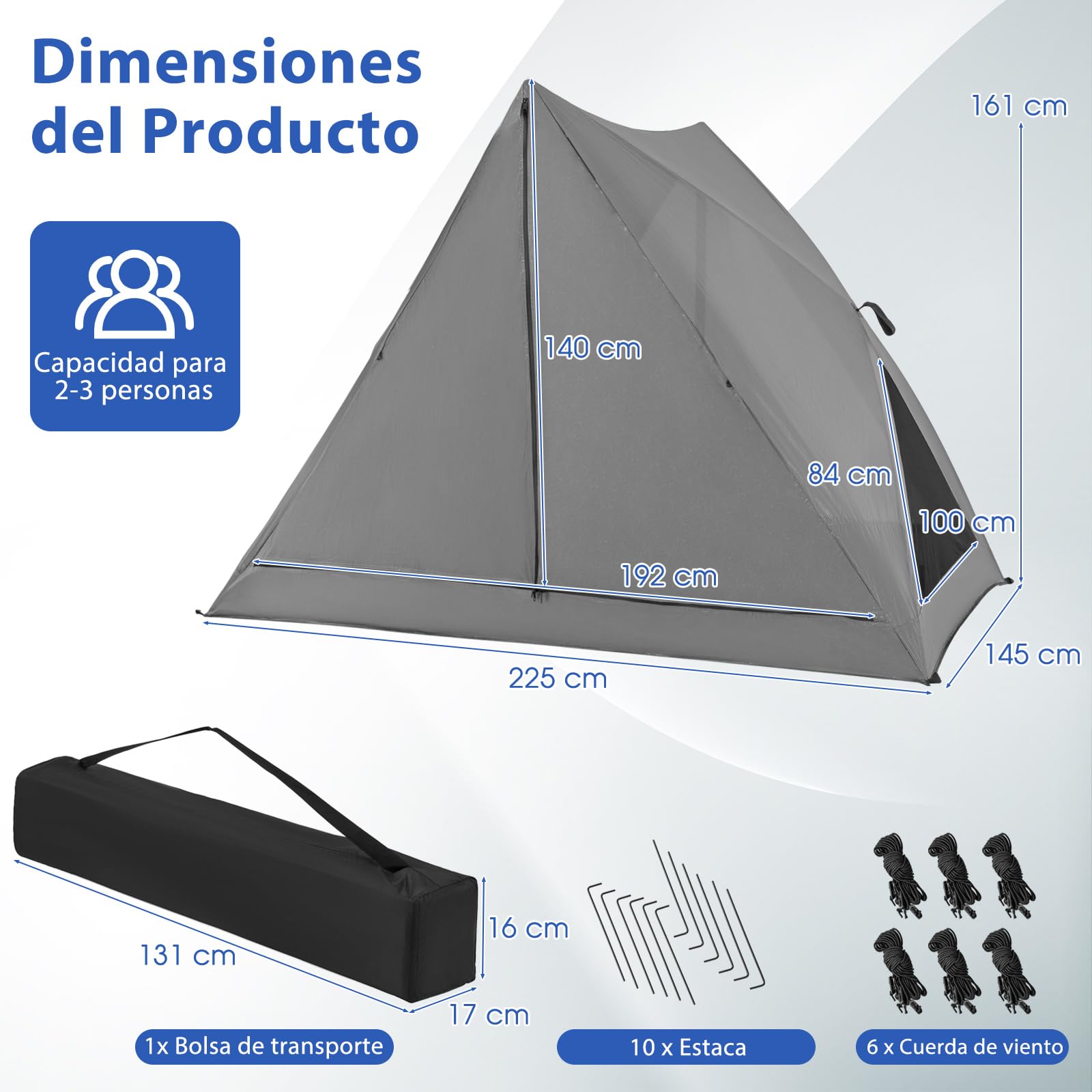 COSTWAY Tienda de Campaña 2-3 Personas, Unidireccional De 360°, Tenda Campismo Impermeable Y Resistente Al Viento para 4 Estaciones, Campaña Montaje Rapido, 225 x 145 x 161 cm