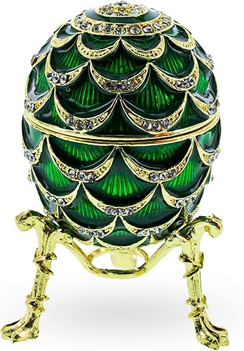 Miniatura 2 de BestPysanky Huevo de Pascua imperial inspirado real de piña esmaltada verde con reloj sorpresa