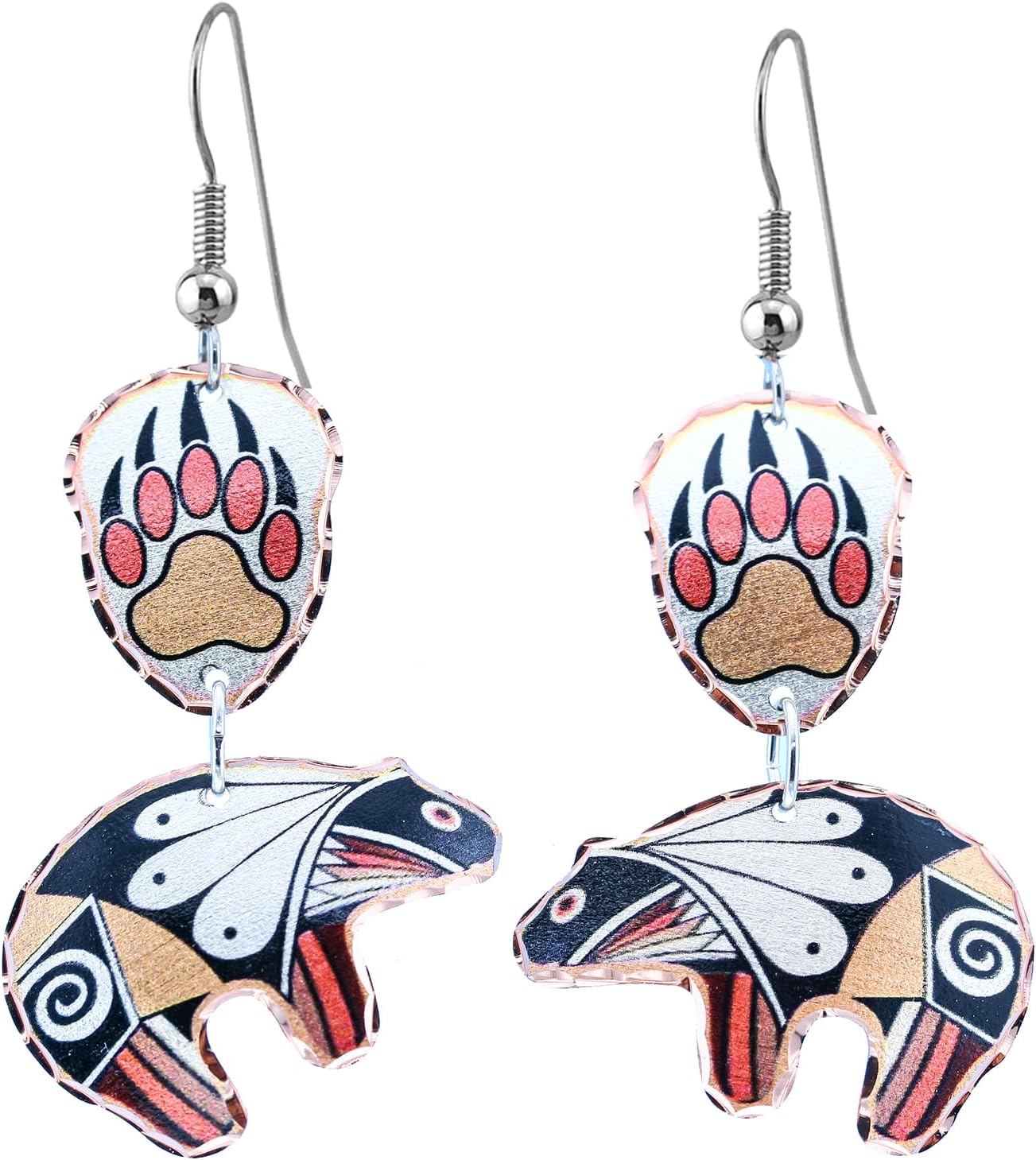 FRONT LINE JEWELRY Zuni Fetish Earrings showcase a graphic motif in black, silver, and yellow gold, reflecting the Pueblo art style. Southwest Native Tribal Earrings, Bear Jewelry