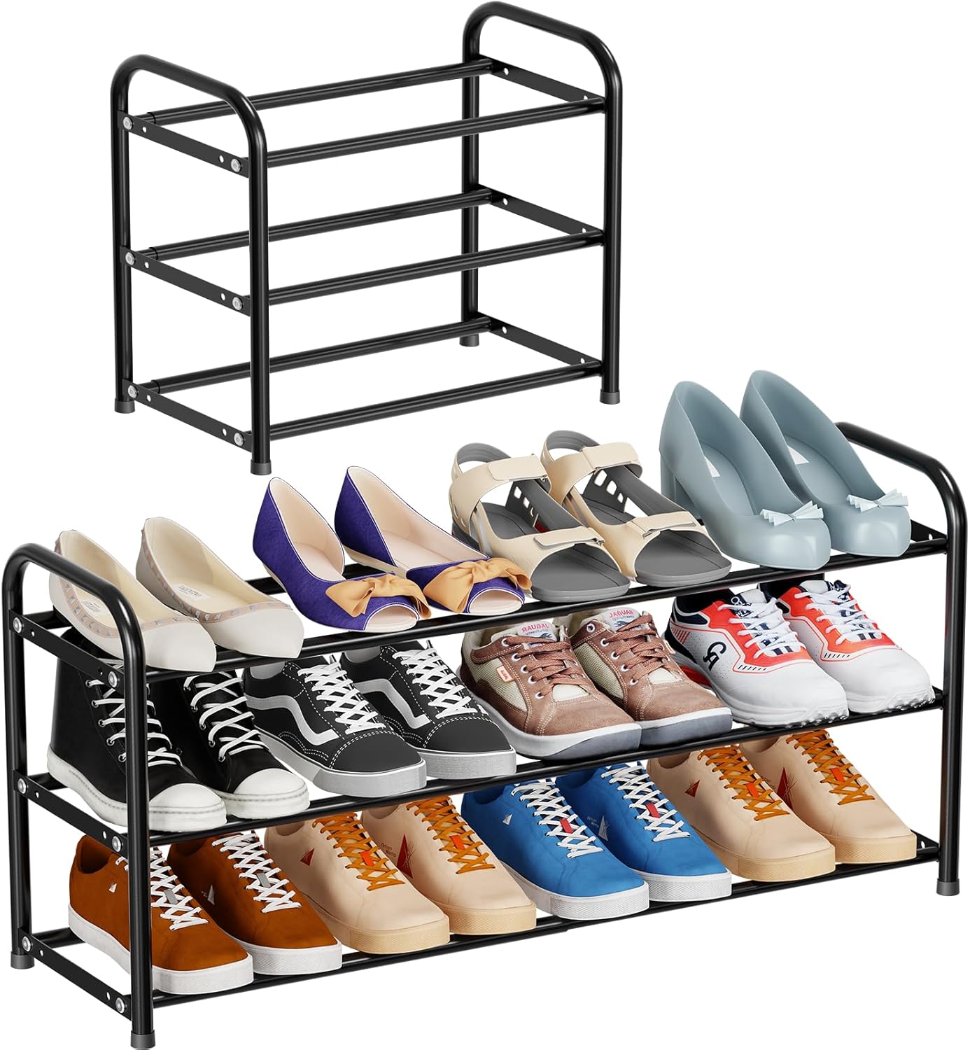 Retractable Shoe Rack 3 Tier, Expandable & Adjustable Wide 31.5“ Shoe Organizer for Closet Entryway, Sturdy Metal, Black