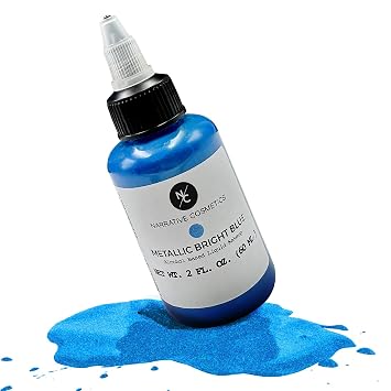 Narrative Cosmetics Metallic Alcohol Airbrush Paints - 2 fl oz, Skin Safe, Quick Dry, Waterproof, Sweatproof, Transferproof Liquid Makeup for Bodypainting, Theater, FX Makeup - Metallic Bright Blue