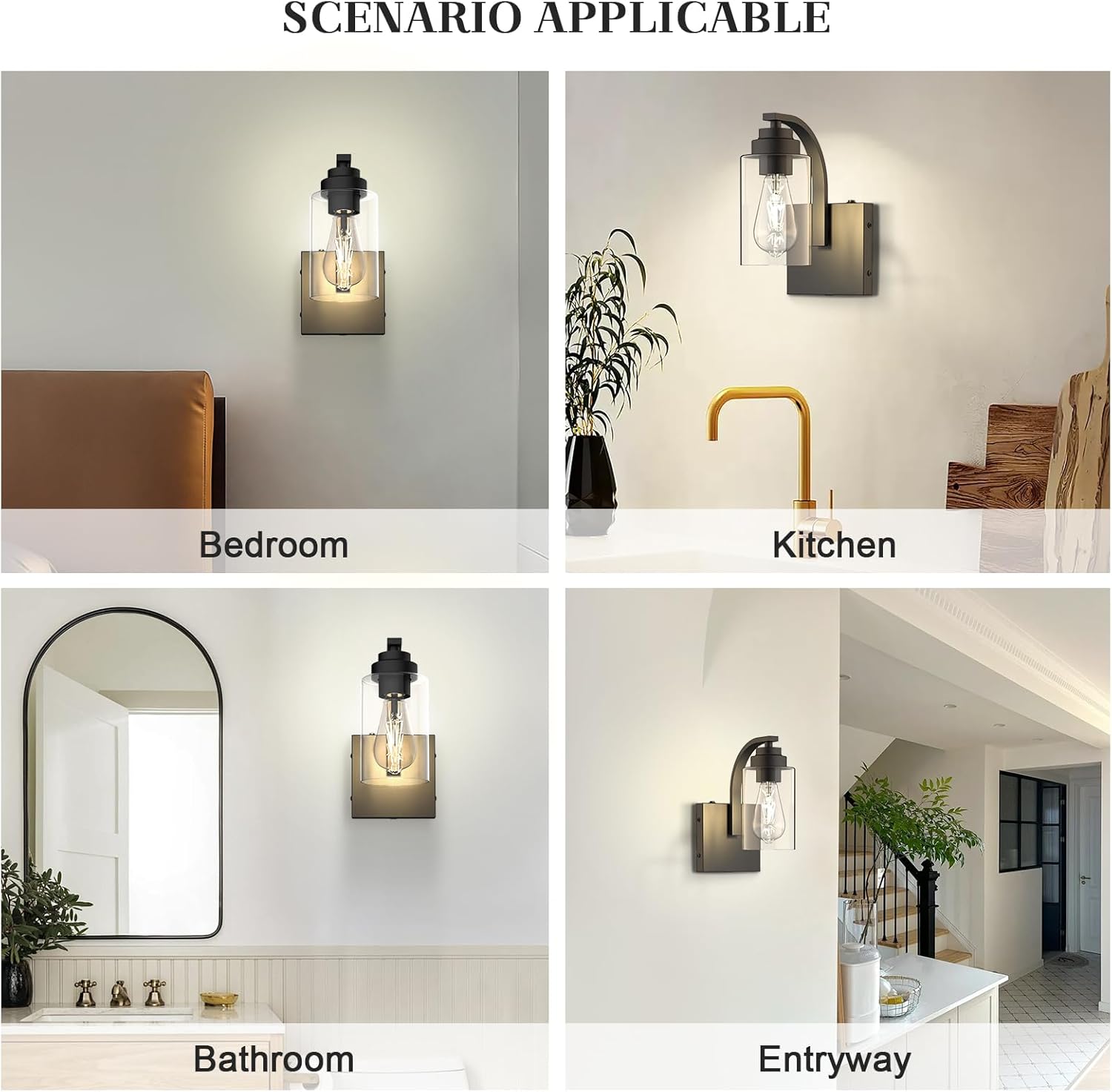 Battery Operated Wall Sconce Set of 2 with Remote Control, Rechargeable Wireless Led Glass Wall Lamp Indoor, Cordless Wall Light Fixtures Wall Mount for Bedroom Bathroom Hallway Farmhouse, Black