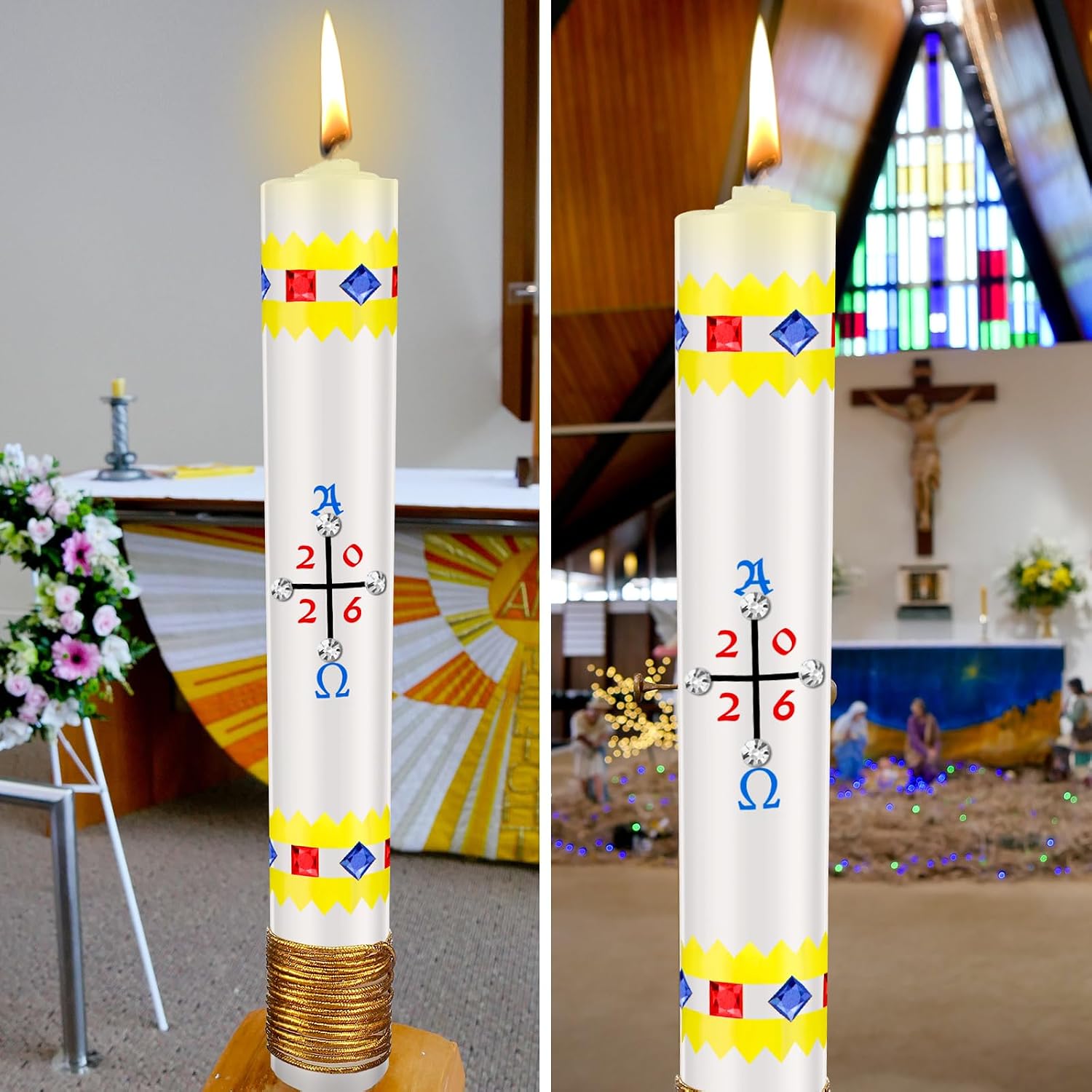 Conelist 4 Set of Religious Candle Craft, DIY Christian Candle Kit Include Candles, Cotton Wicks, Pre Printed Water Stickers, Gold Wire Strands, Flat Pins, White Crystal Diamonds Party Favor Kit