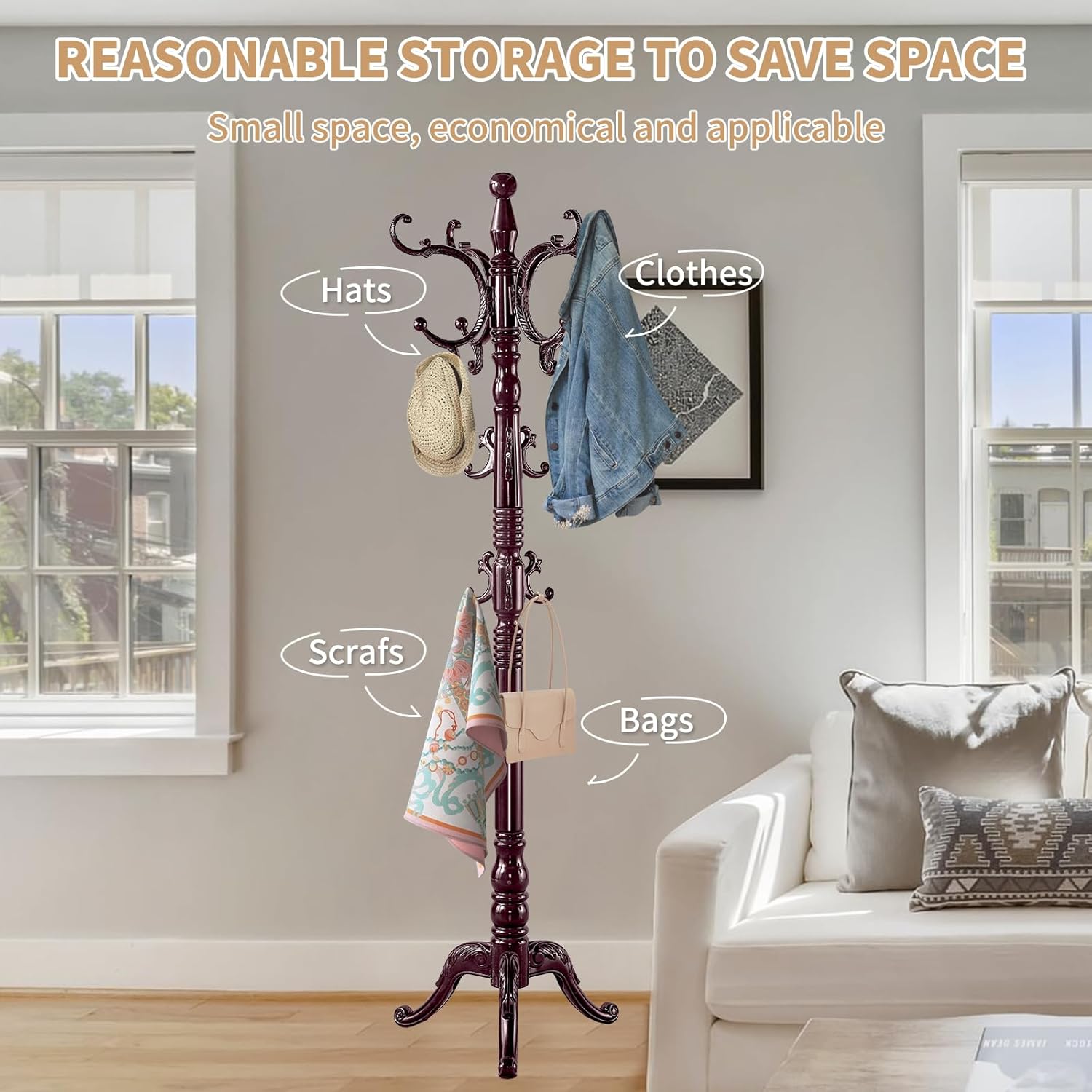 ZOZOE Wooden Classic Coat Rack Stand, Solid Wood Coat Rack Freestanding with 14 Hooks, Vintage Coat Racks with Sturdy Triangle Base, Natural Birch Wood Coat Clothes Tree Stand for Entryway Hallway