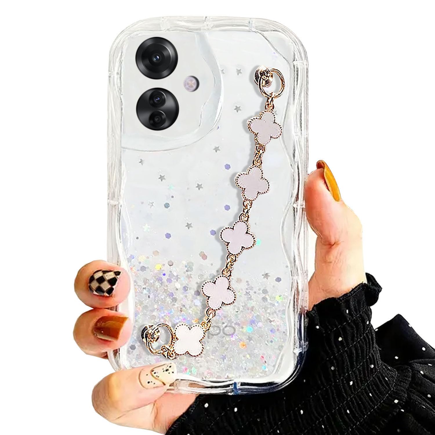 KC Back Cover for Oppo F25 Pro 5G – Curly Wave Dry Fixed Glitter Non Moving Tiny Flowers Bracelet Chain Shockproof Soft Silicone Camera Protection Case (Transparent)