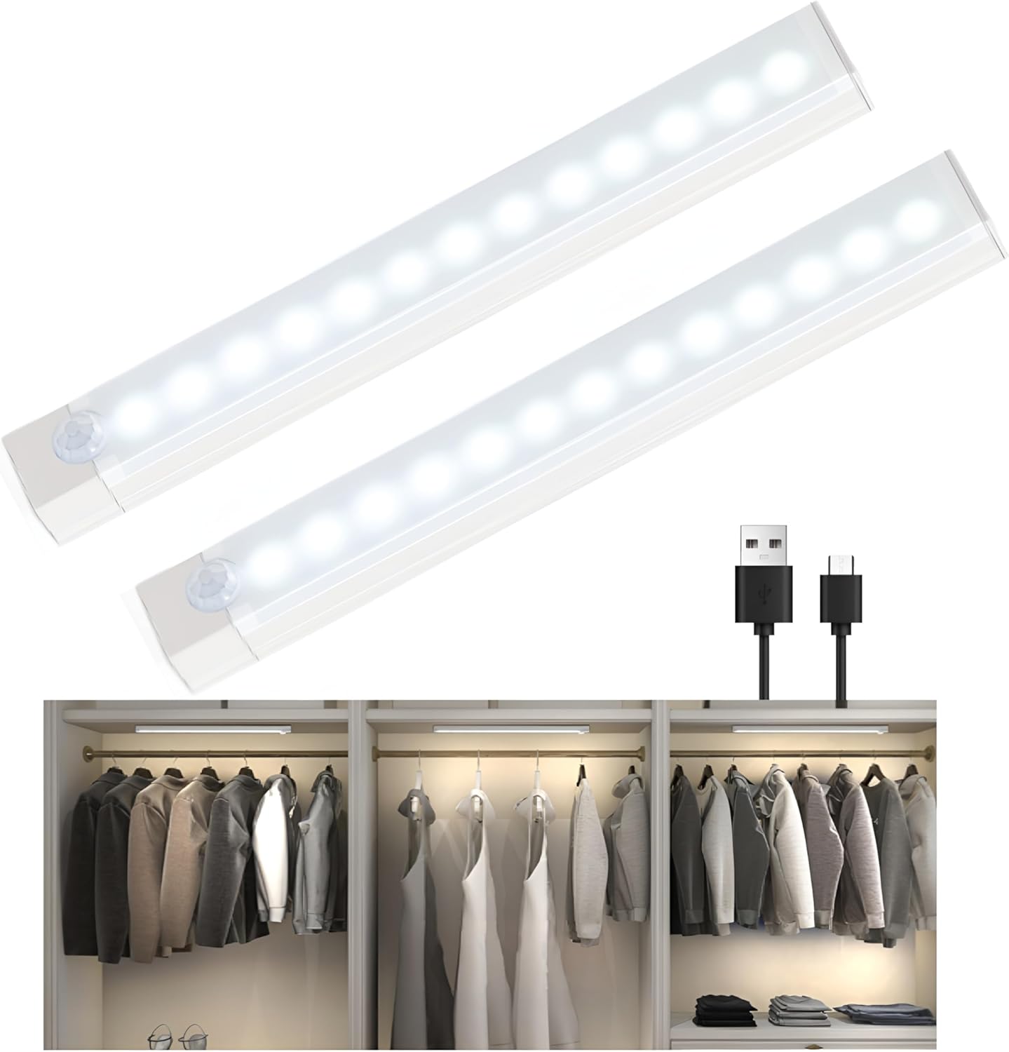8inch Under Cabinet Lighting, 2 Pack Pantry Lights Motion sensored,3 Modes & Dimmable Stick-On Wireless Closet Lights for Kitchen, Stairs, Cabinet (White)