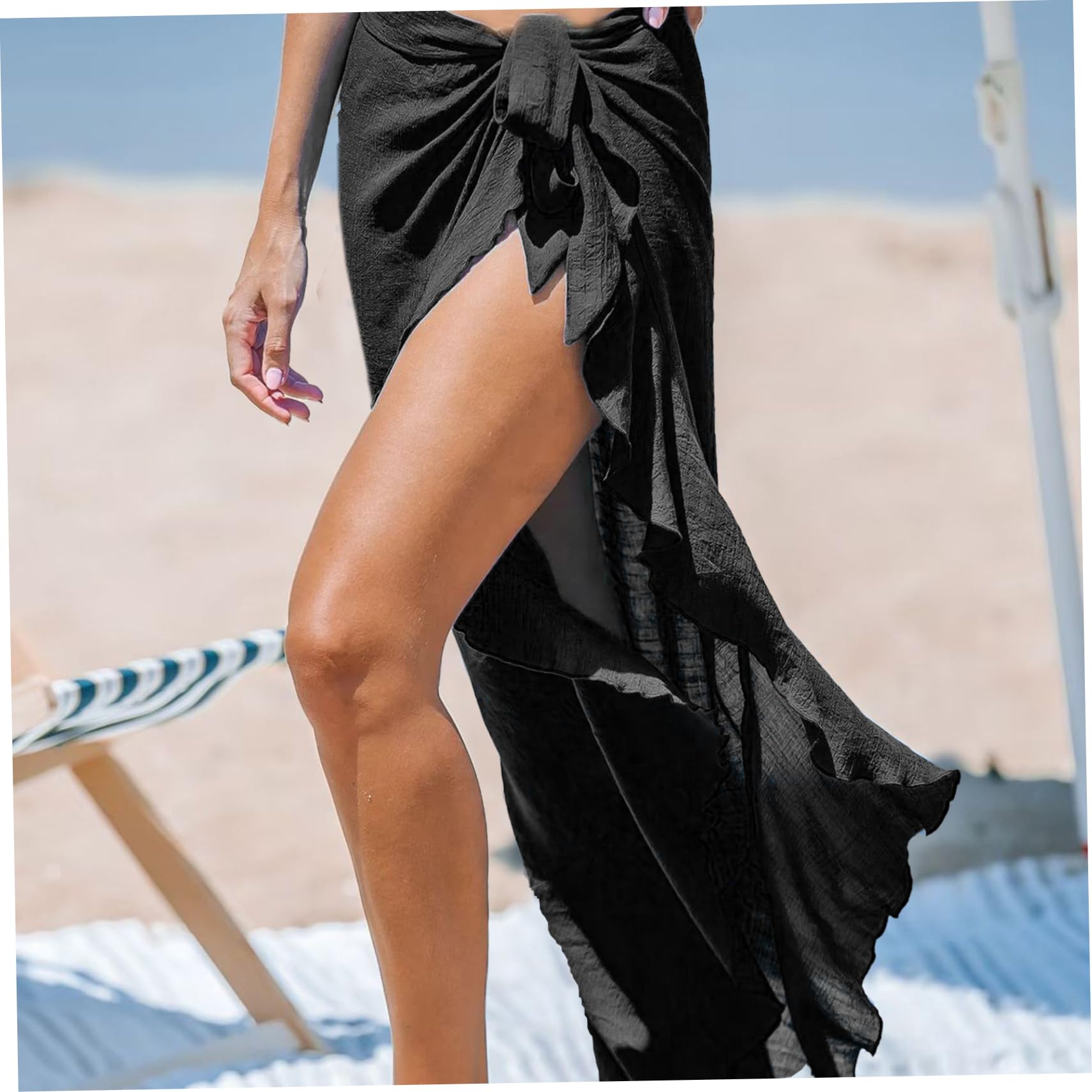 NIDONE Schwarze Sarong, Sarong -Wraps für Frauen Midi Ruffle Schwarz einstellbare Einheitsgröße Womens Beach Cover Up Bikini Badeanzug