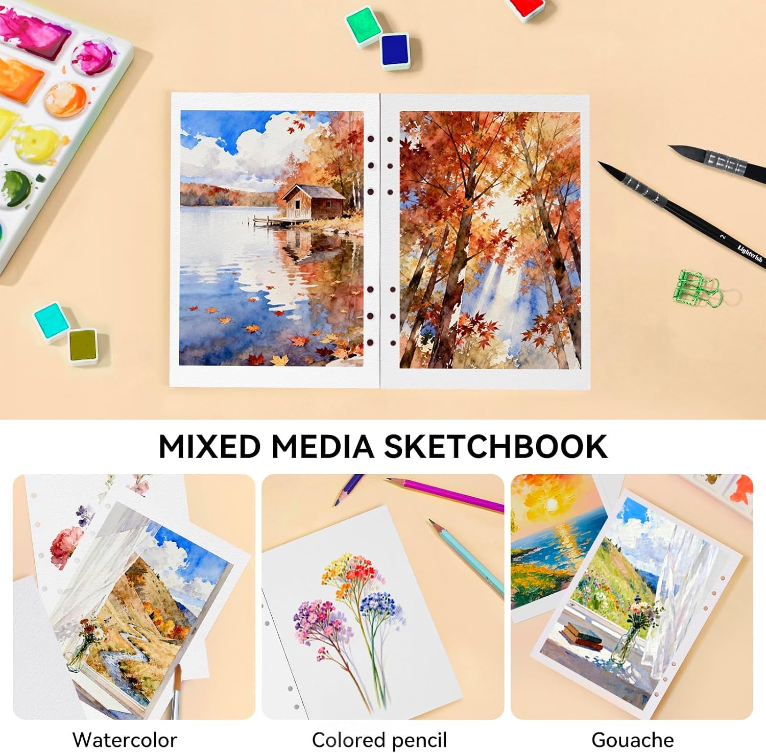 LIGHTWISH Watercolor Paper Refill, 5.9 x 4.1 in -40 Sheets Total (2 Packs of 20), 300gsm 100% Cotton, Cold Press, Pre-Punched Hole, Acid-Free Artist Paper for Ring Binders Watercolor Sketchbook Set