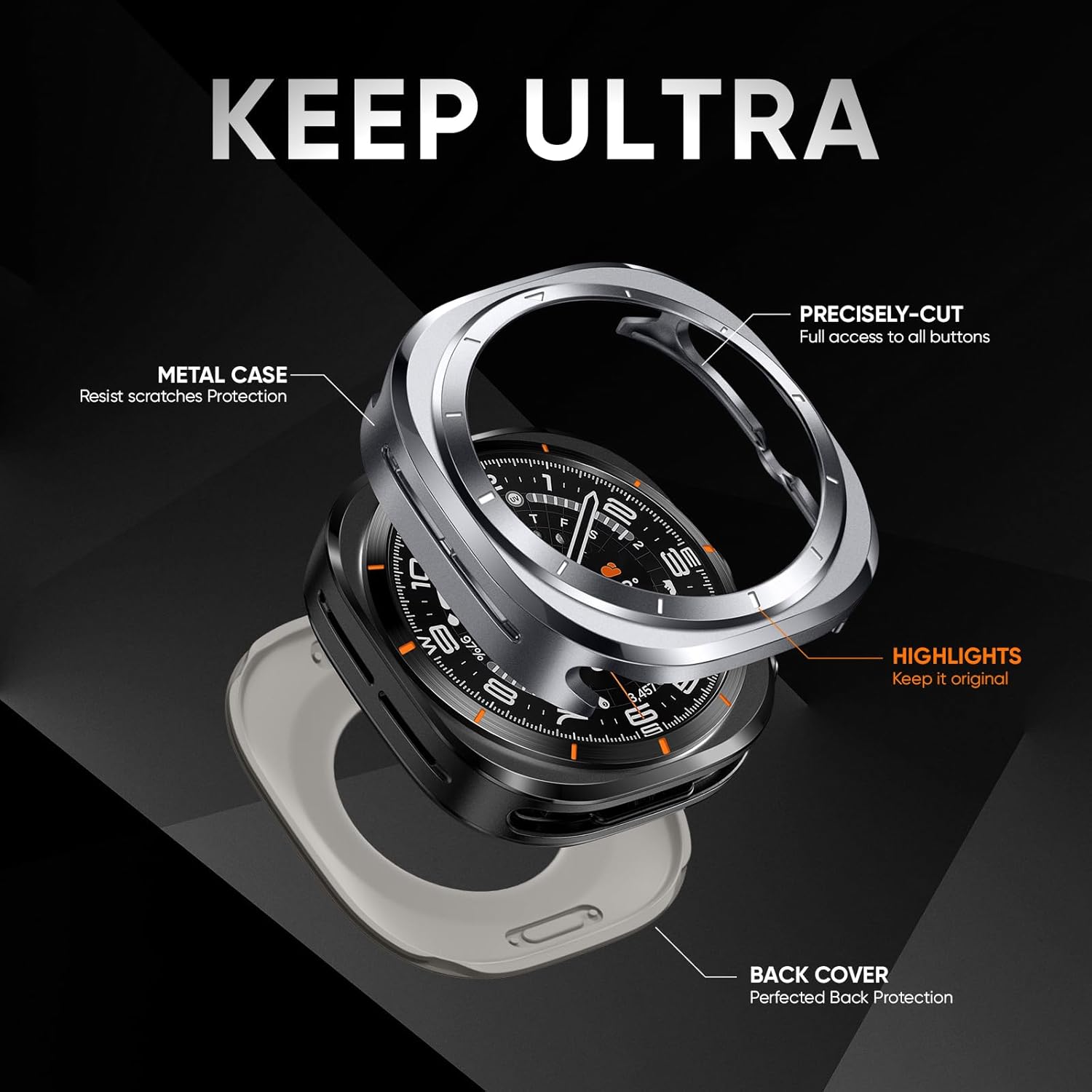 Suitisbest Metal Case for Samsung Galaxy Watch Ultra 47mm Case, Stainless Steel Protective Rugged Bumper Thin Frame with Ceramic-Like Back Cover for Galaxy Watch Ultra 47mm for Men Women - Image 5