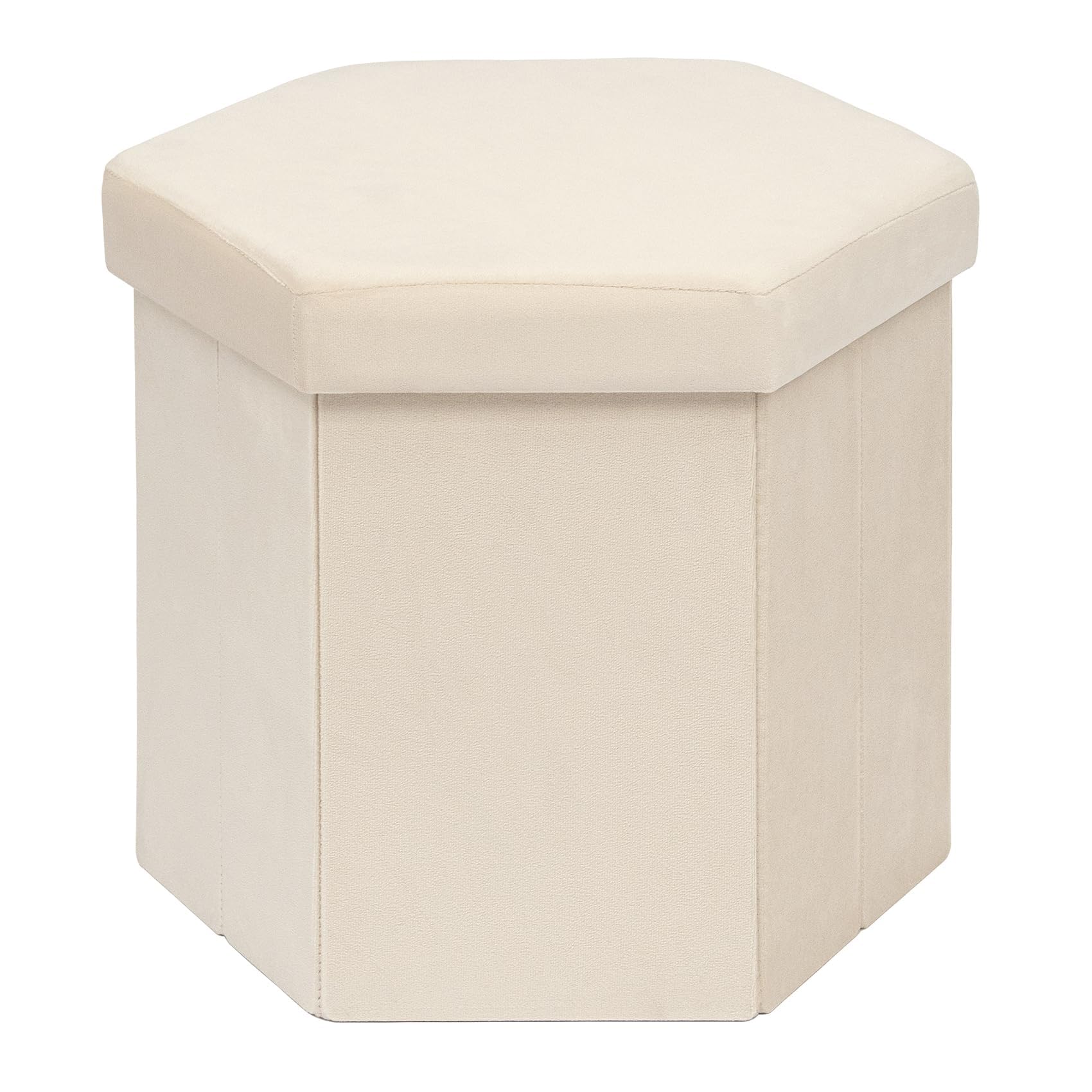 PINPLUS Hexagonal Storage Ottoman, Foldable Footstool, Velvet, Cream White