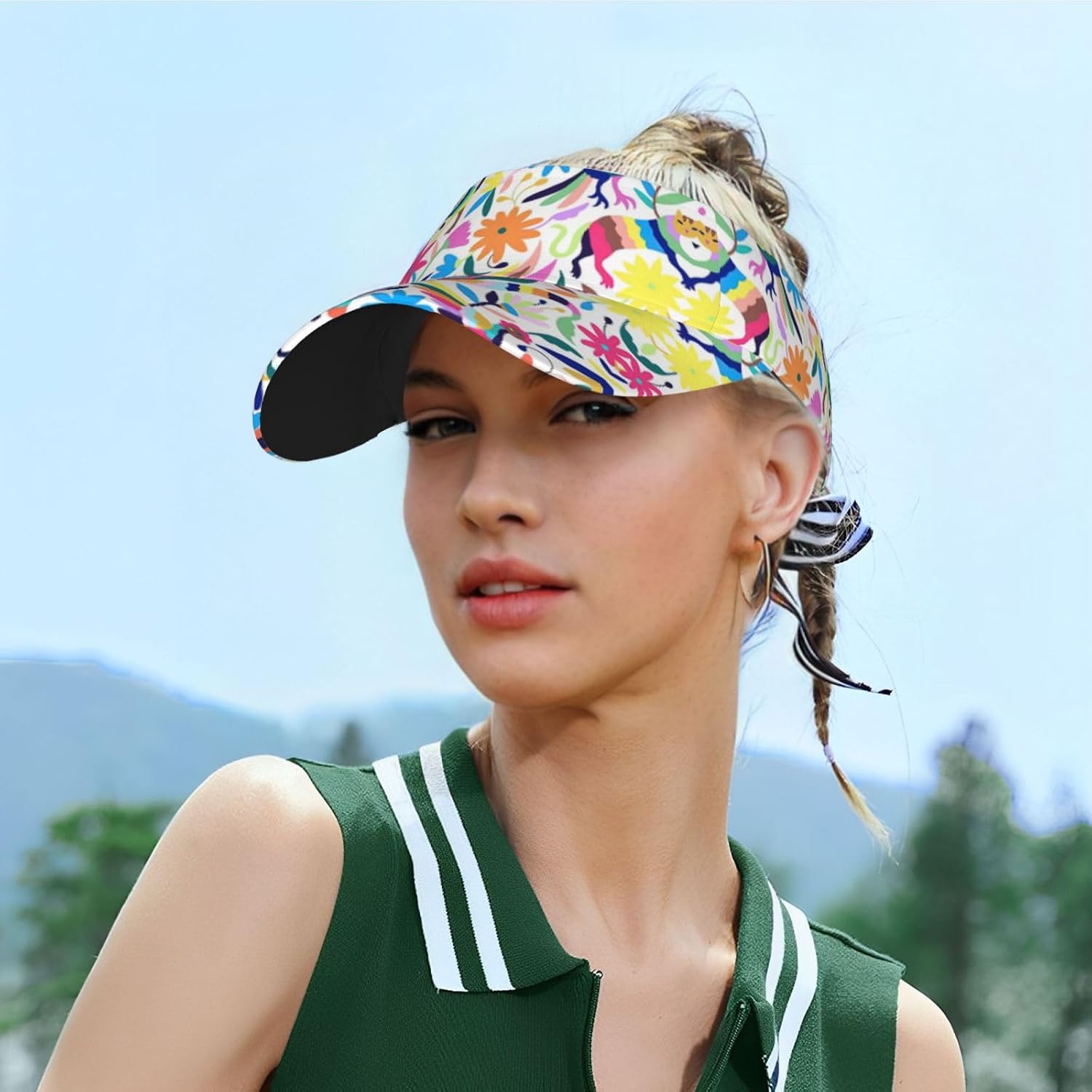 Mexican Otomi Animals Print Sports Sun Visor Hats,Adjustable Sun Caps for Men Women Adults Lightweight Black