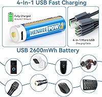 Vista 6 de Henreepow Baterías recargables de litio AA de 1.5 V, alta capacidad de 2600 mWh, batería recargable de iones de litio doble A, 1200 ciclos con cable