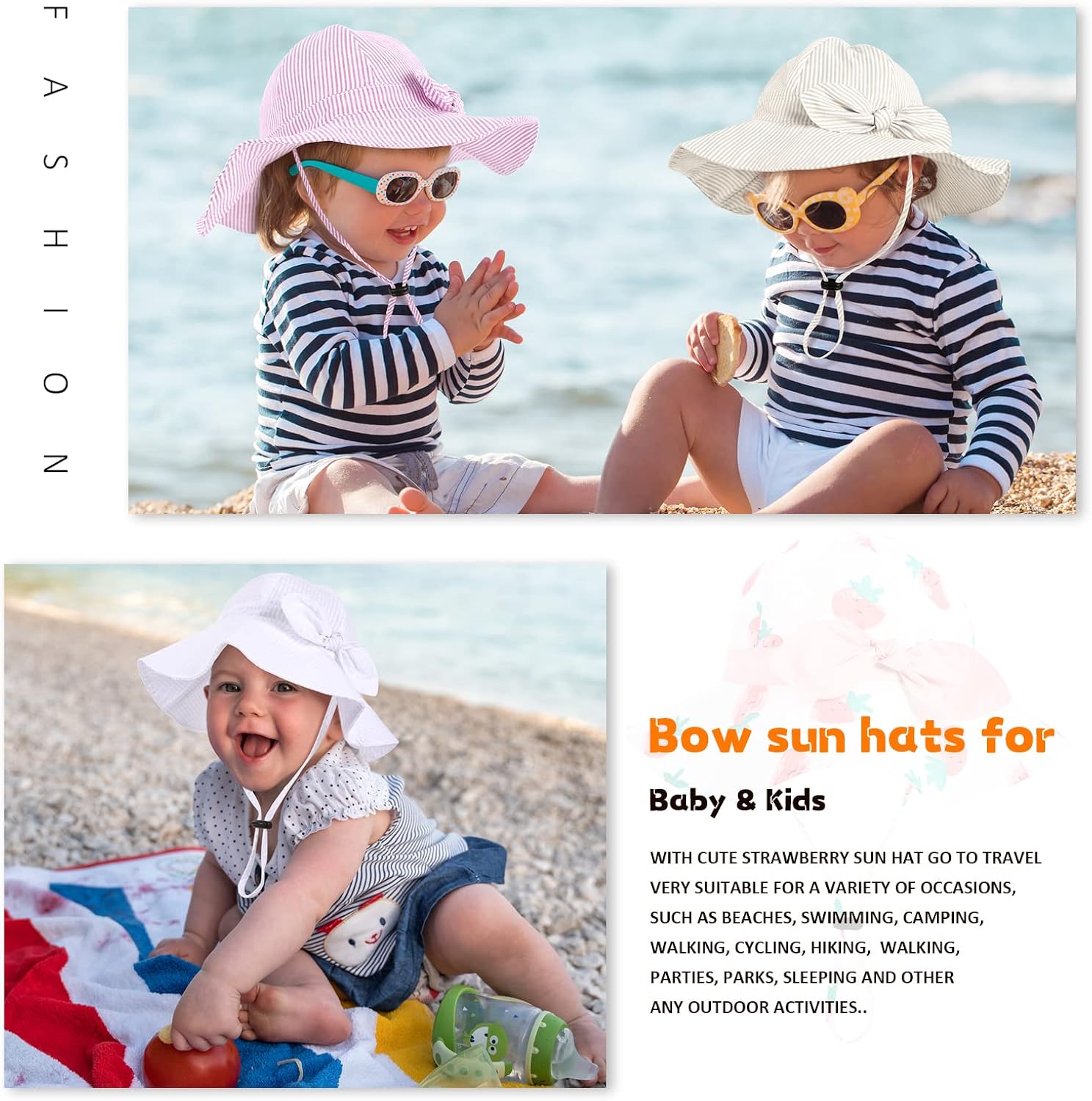 Vista 7 de Sombrero de sol para bebé niña con UPF 50+ sombrero de playa ajustable para exteriores con ala ancha