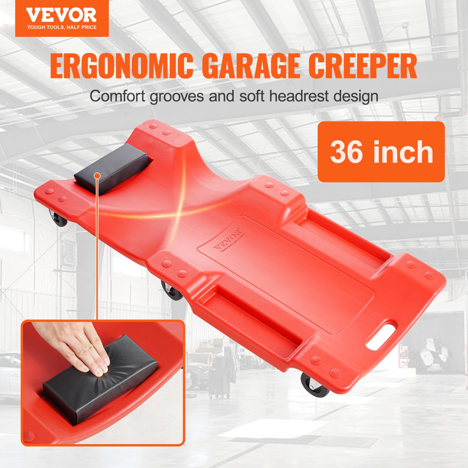 VEVOR Camilla Mecánica de Plástico, Capacidad de 158,8 kg, con Cuerpo Ergonómico Moldeado de HDPE, Reposacabezas Acolchado, 6 Ruedas, para Taller de Reparación de Automóviles, 915 x 430 x 115 mm