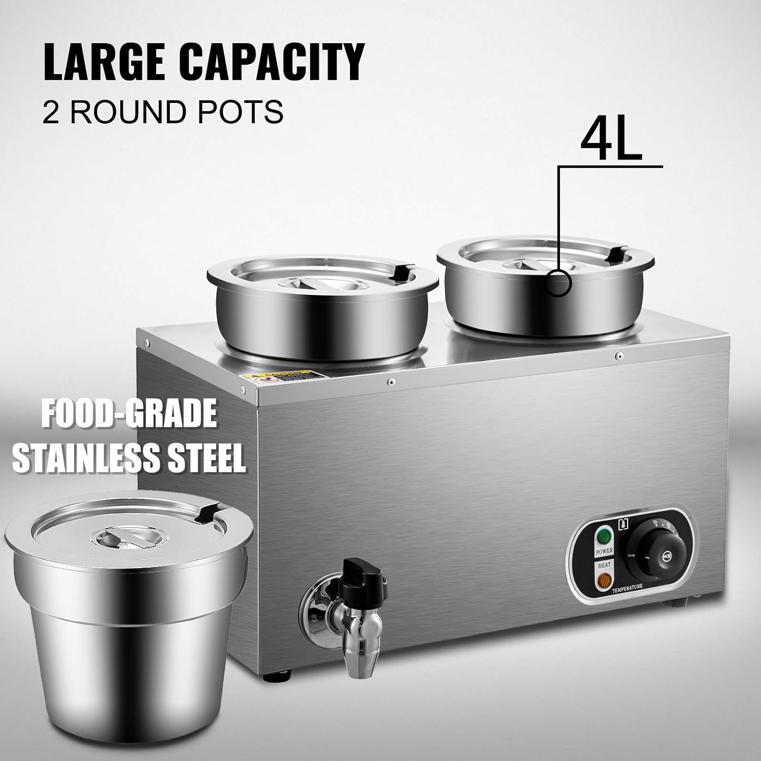 VEVOR 110V Commercial Food Warmer 8.4 Qt Capacity, 500W Electric Soup Warmer Adjustable Temp.86-185℉, Stainless Steel Countertop Soup Pot with Tap, Bain Marie Food Warmer for Cheese/Hot Dog/Rice : Industrial & Scientific