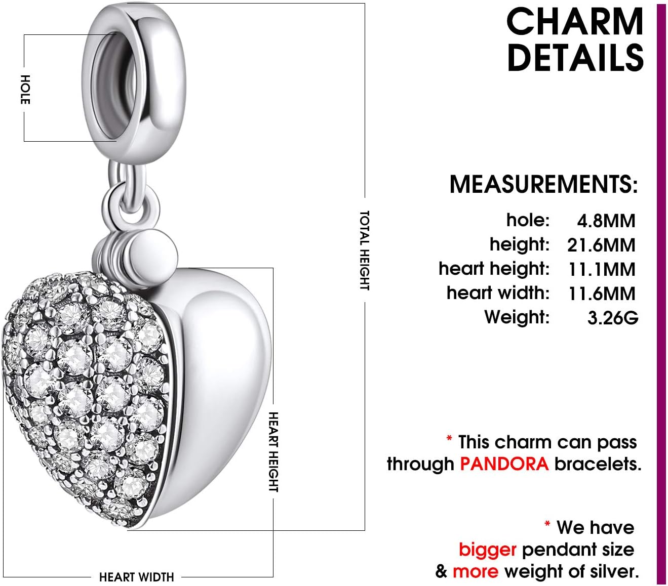 NINGAN “I Love You” Dangle Charm Love Heart Pendant Bead for Women Wife Girlfriend with 5A Cubic Zirconia for Charm Bracelets 925 Sterling Silver - Image 4