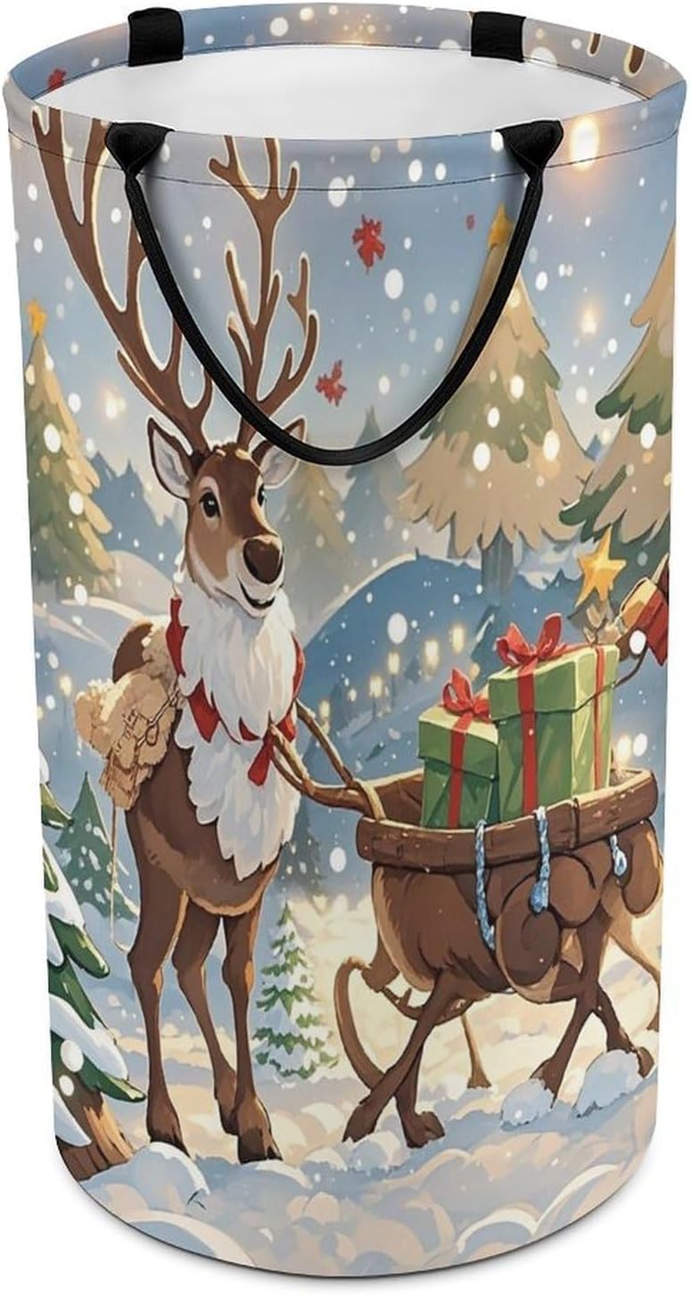 Round Reindeer Christmas Presents Laundry Hamper Large Collapsible Waterproof Laundry Basket with Handles Dirty Clothes Toy Storage Organizer Bin for Bedroom Dorm Bathroom