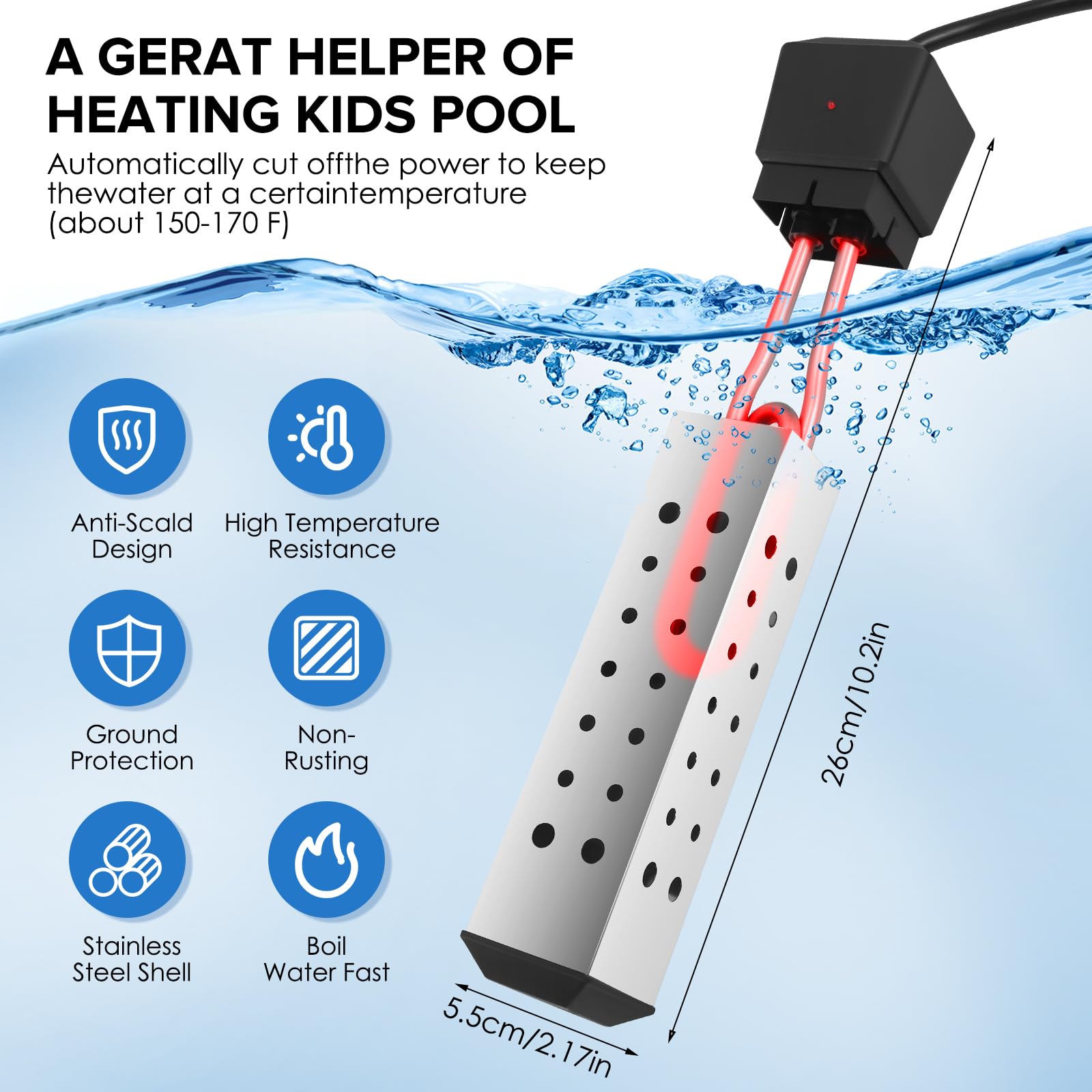 2500 W Water Heater, Portable Electric Water Heater with 304 Stainless Steel Lid and Thermostat, Automatic Shut-Off - Image 2