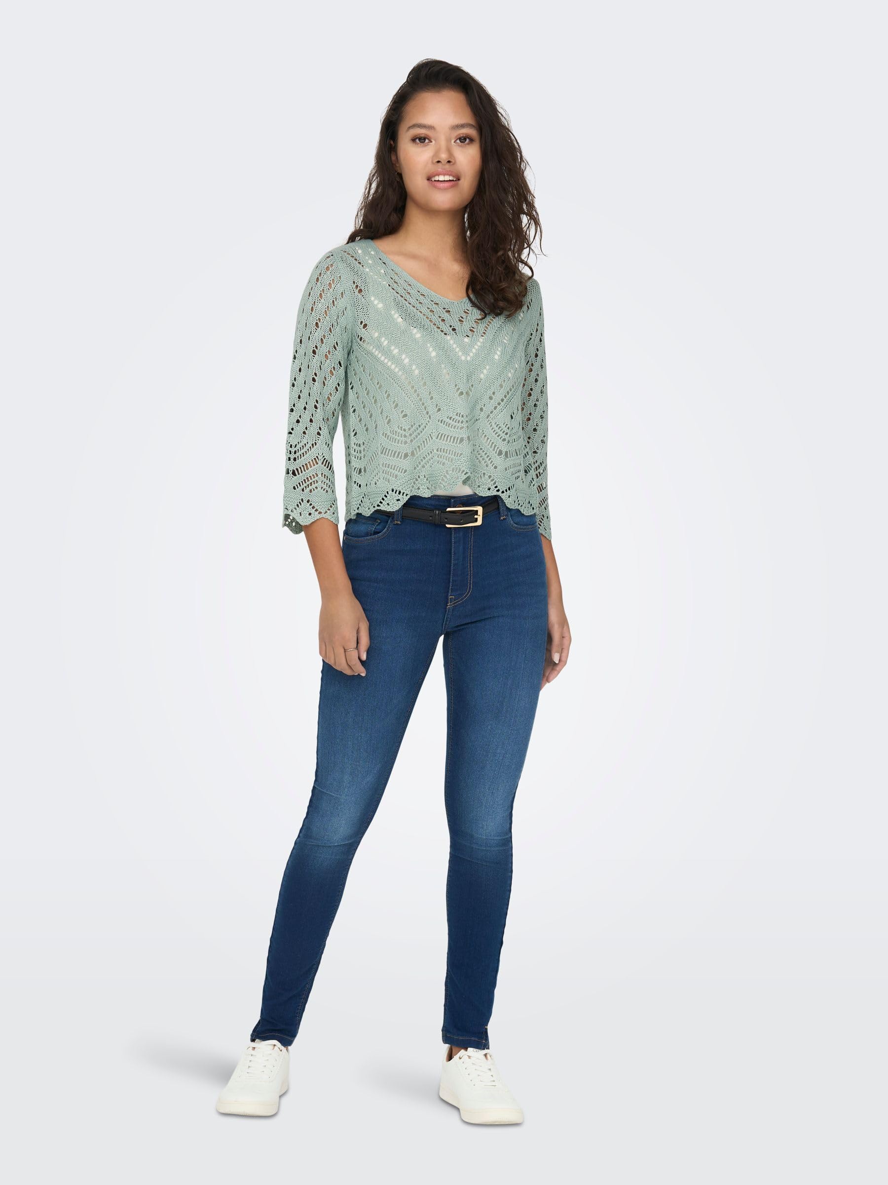 JDY Jdynew Sun 3/4 Cropped Pullover Knt Noos Camisa Crochet con Cuello en V Mujer (Pack de 1)