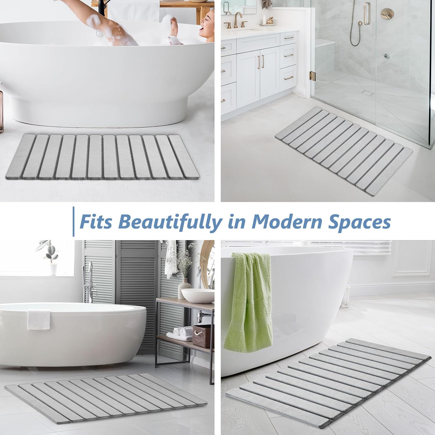 AWW Foldable Stone Bath Mat, Quick Dry Diatomaceous Earth Bath Mat with Non-Slip Mat, Super Absorbent, Easy to Clean, Compact for Small Bathrooms, 31.5 x 15.7, Light Grey