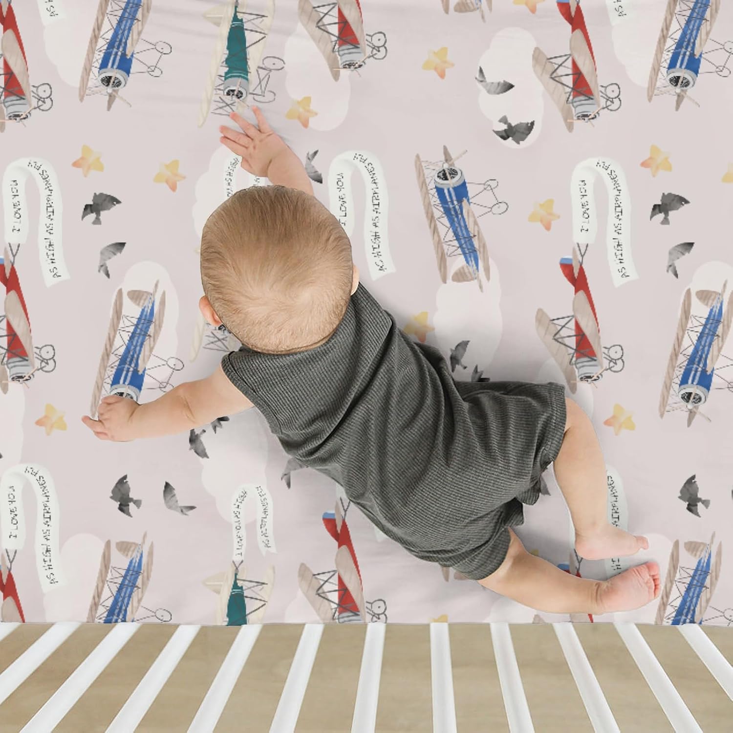 Vintage Planes Birds Sky Baby Crib Sheets for Boy Girl 28"x52" Retro Flying Airplanes Soft Stretchy Fitted Crib Mattress Covers Aircraft Travel Baby Sheets for Standard Crib & Toddler Mattress Pad
