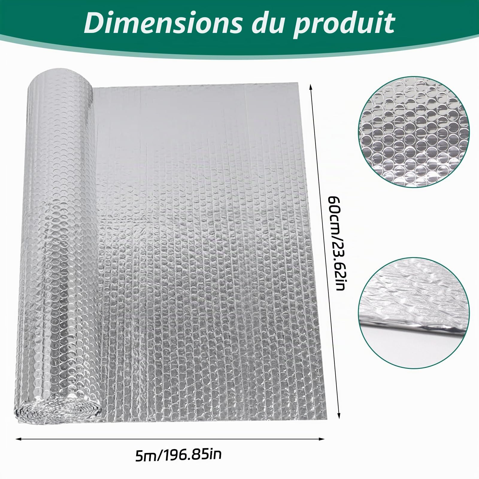 Isolant Thermique, Film à Bulles Épais en Aluminium, 60cm x 5m Feuille Réfléchissante Double Face en Aluminisé, Feuille D'aluminium Isolation pour Toits Fenêtres Radiateurs