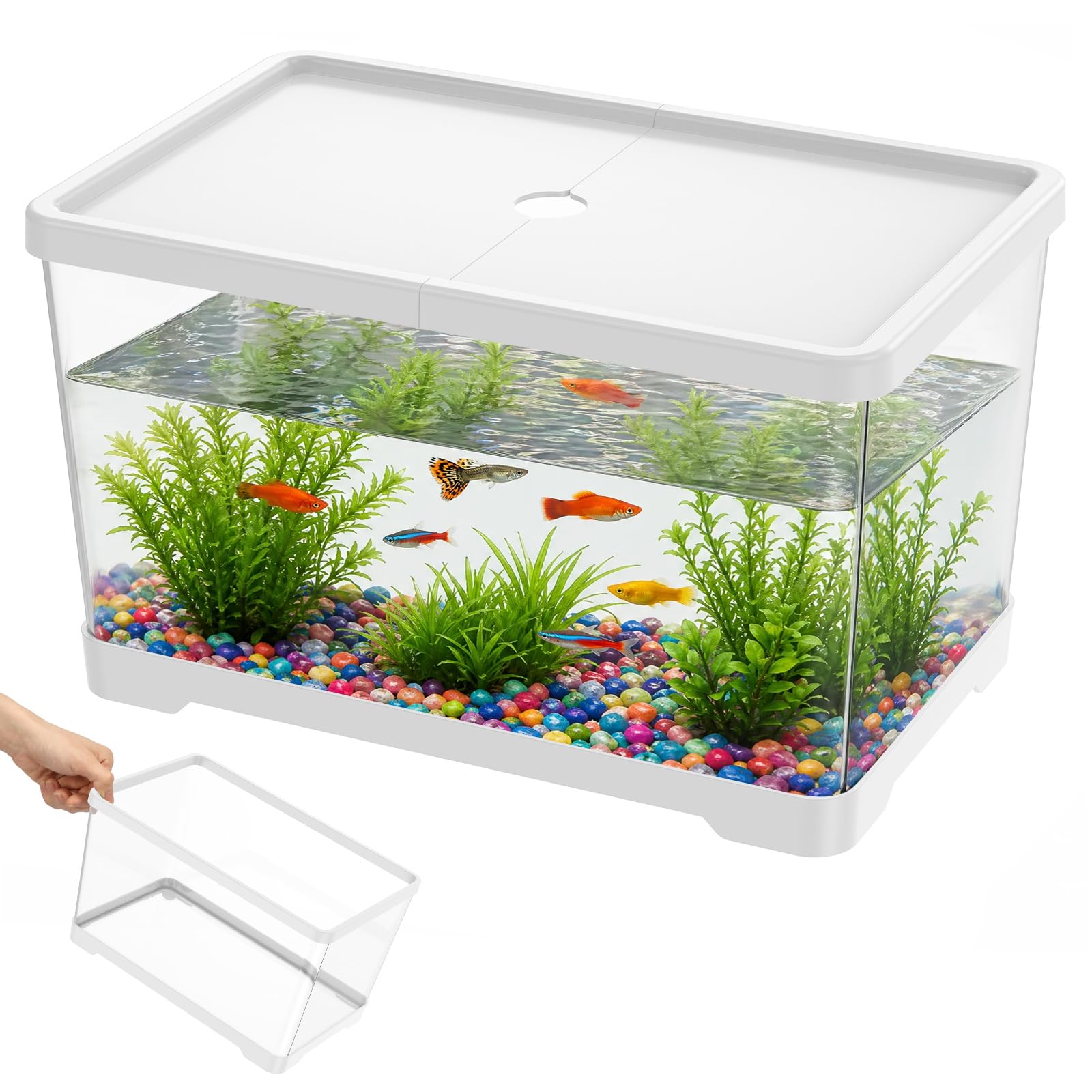 Aquarium Tank, 30x19.5x17.5cm Desktop Glass Fish Kit with Lid, Small Turtle Aquarium for Goldfish, Betta, Shrimp(White)