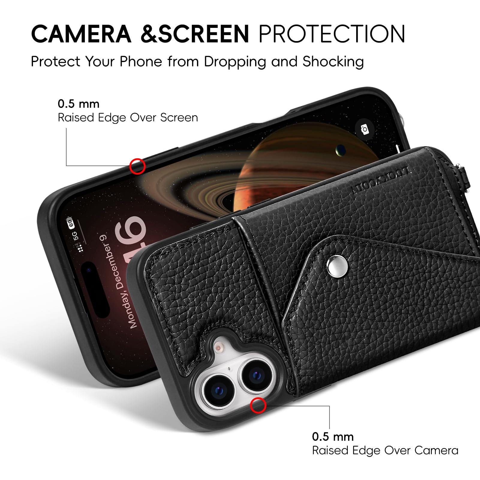 LUCKYCOIN Custodia a portafoglio in pelle per iPhone 17, custodia a tracolla nera | con cinturino da polso regolabile rimovibile, con porta carte, custodia a tracolla per donna, custodia da viaggio