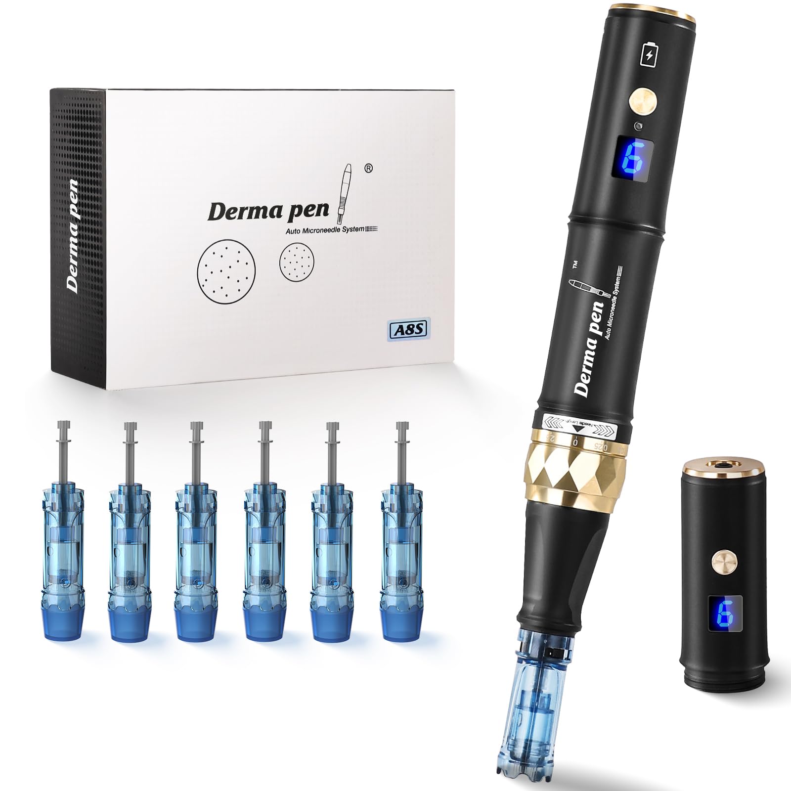 Dermapen A8S Stylo Microneedling Électrique pour Cicatrice, Acné, Rides,  Vergetures, Perte de Cheveux, Soins du Visage, 0-2,5 mm Réglable, 6 Niveaux  écran LCD, 6pcs Micro-aiguilles Incluses : Amazon.fr: Beauté et Parfum