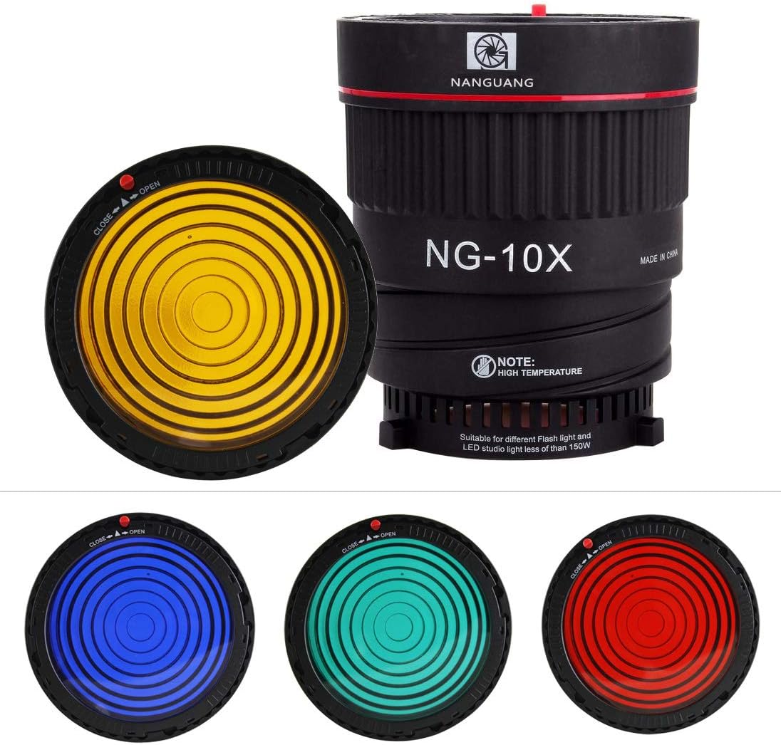 EXMAX NG-10X Fresnel Lens Focusing Adapter Fresnel Spot S-Mount Adapter Attachment 10-40° 5X Brighter Focus Lens Adjust for godox sl-60w Bowens Mount Studio Light Flash LED Light 4 Color Gel Filters