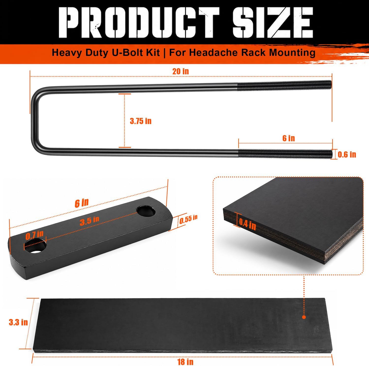 Headache Rack Mount U-Bolt Kit, 20" U-Bolt Kit for Truck & Pickup