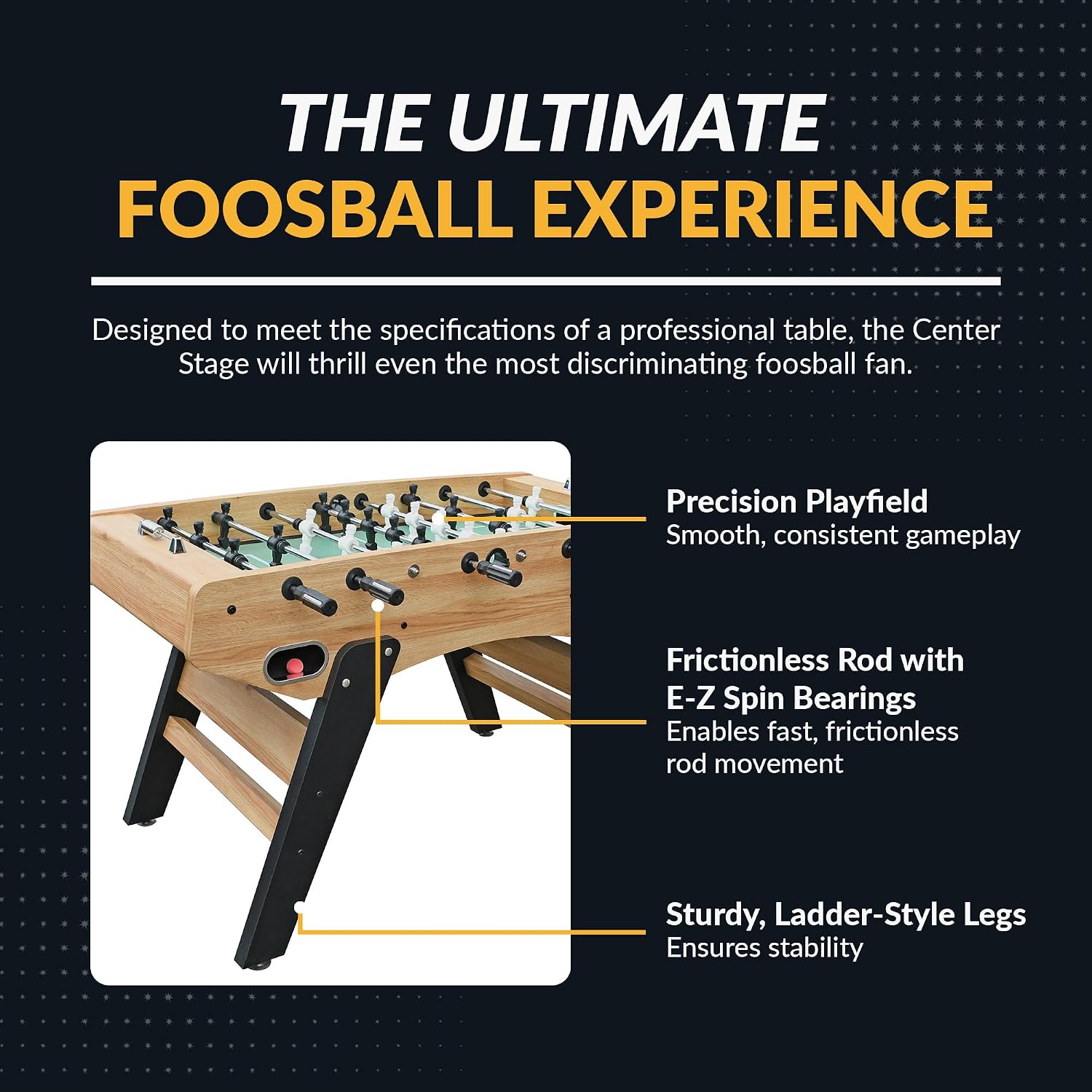 Hathaway Center Stage Pro Series 59 inch Foosball Table Adult Size for Family Rec Room - with Smooth Playfield, Dual Abacus Scoring, Auto Ball Return, Sturdy Leg Levelers & Foosball Balls – Light Oak