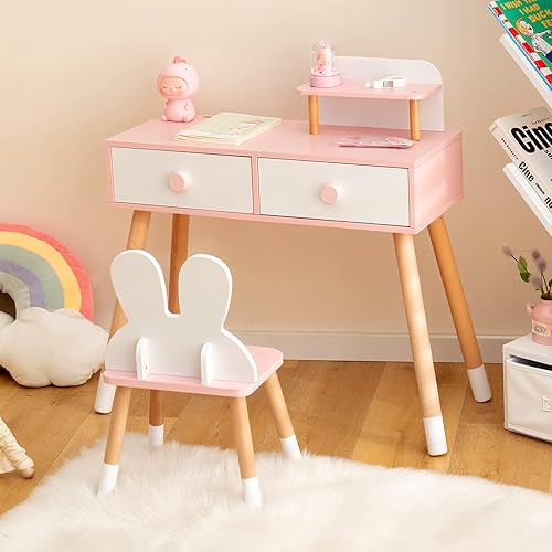 Miniatura 9 de GLACER Juego de mesa de tocador y silla para niños, juego de tocador con silla, espejo extraíble, 2 cajones grandes, estante de almacenamiento y
