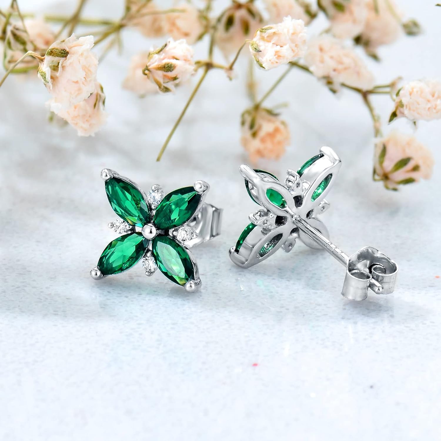 14K White Gold Emerald Stud Earrings for Women, Created Emerald Earrings Studs with Cubic Zirconia Aniversary/Christmas Mothers Day Gifts for Girlfriend Ladies Her