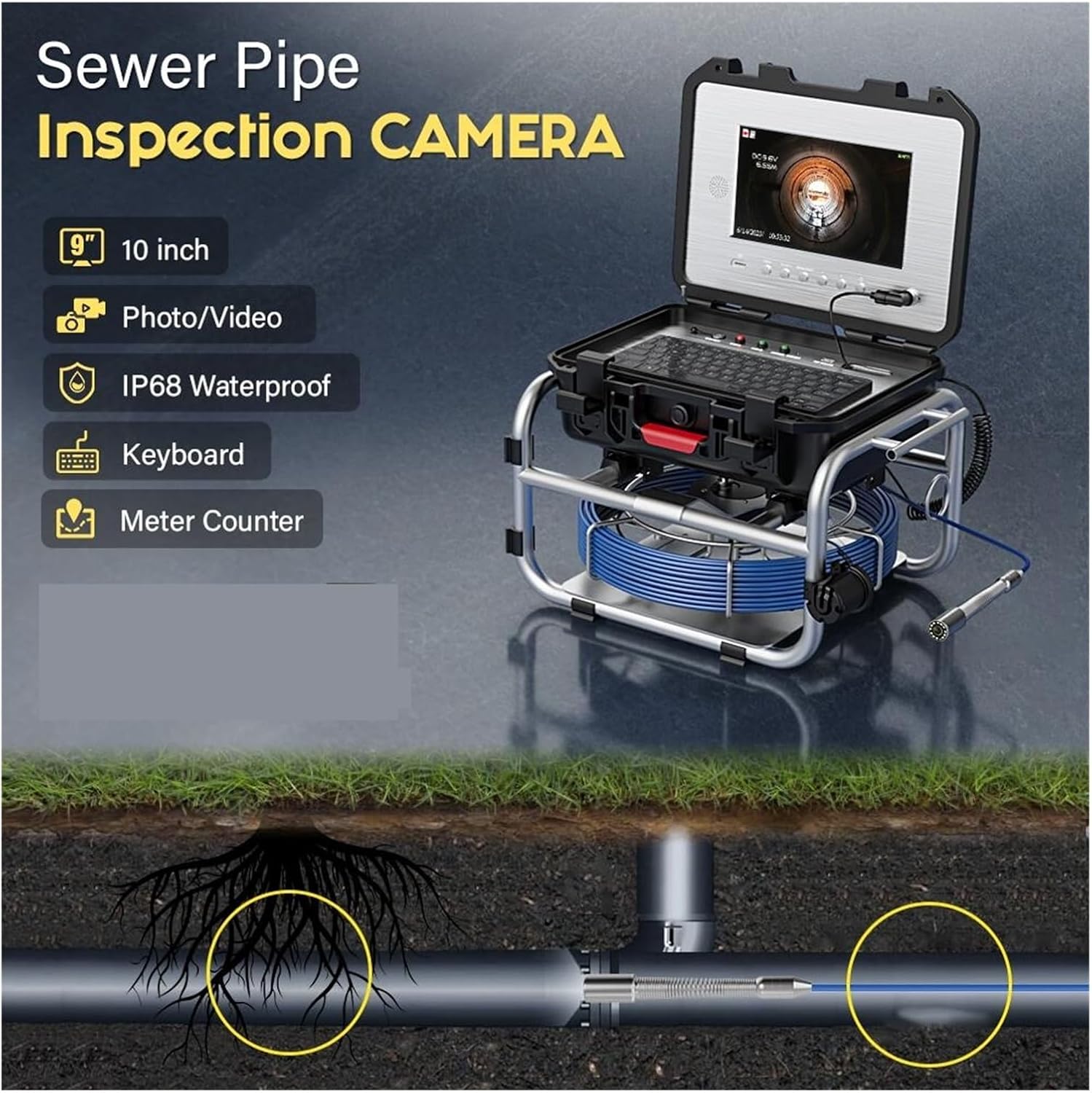 Drain Inspection Camera 7MM Sewer Pipe Inspection Camera with 10" IPS 1080P Screen Video+Meter Counter Endoscope