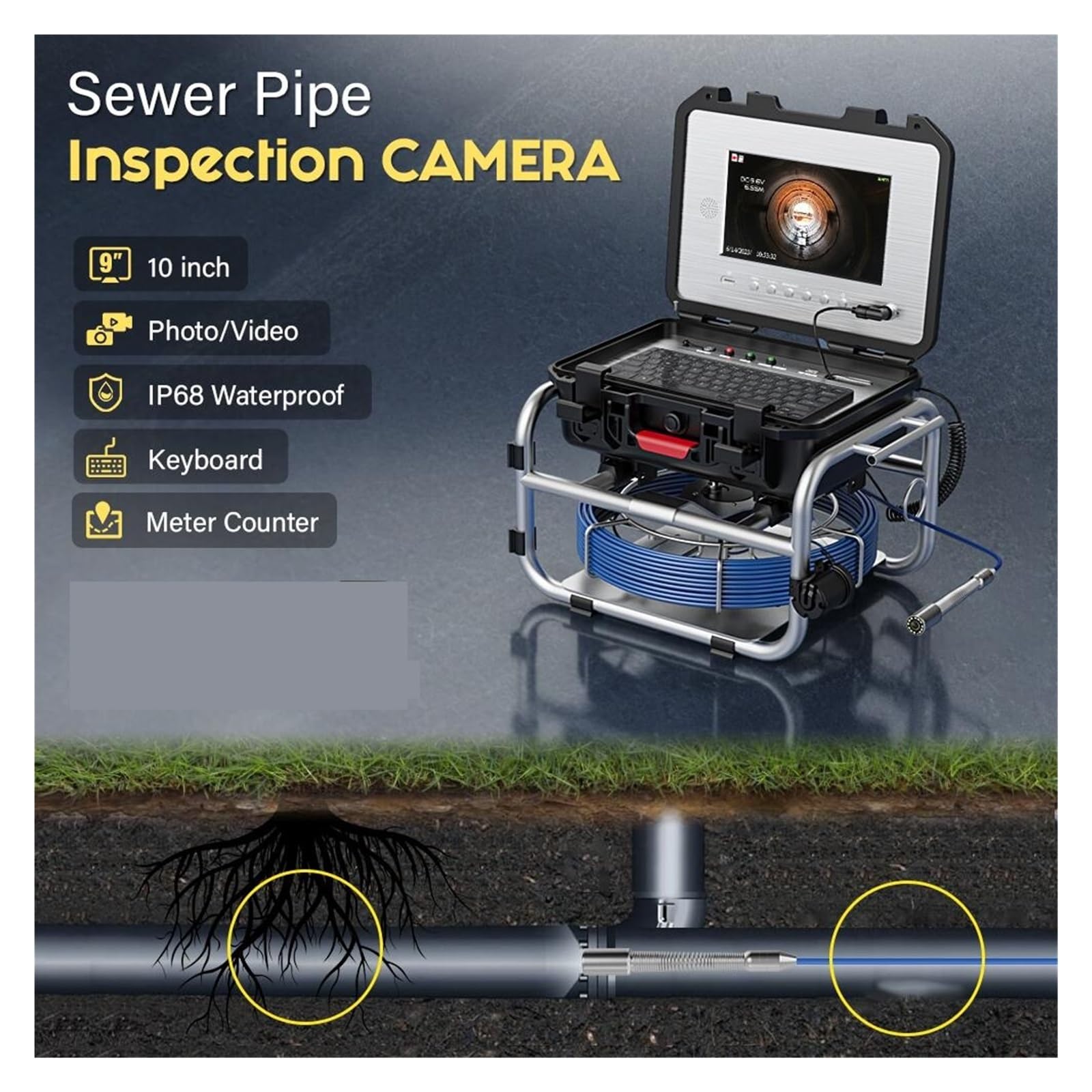 Cámara de inspección de drenaje Cámara De Inspección De Tuberías De Alcantarillado De 7 Mm Con (localizador Autonivelante De 512 Hz) Pantalla IPS De 10 "y 1080P Video + Endoscopio Contador De Metros(1
