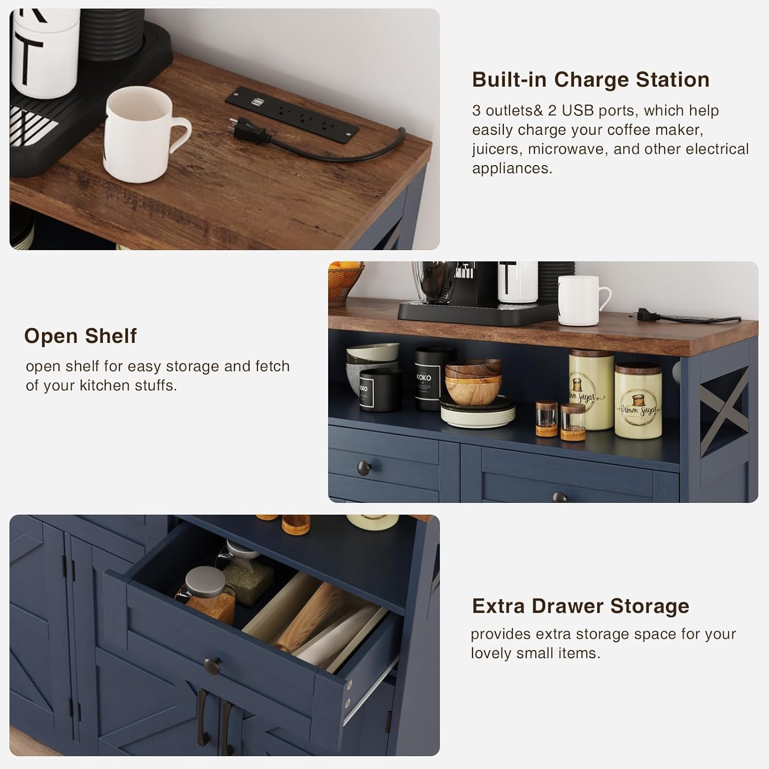 Farmhouse Buffet Cabinet with Drawers & Open Shelf, Sideboard with Storage, Kitchen Pantry Cabinet Hutch, Coffee Bar Station for Kitchen, Livingroom, 52" L Blue